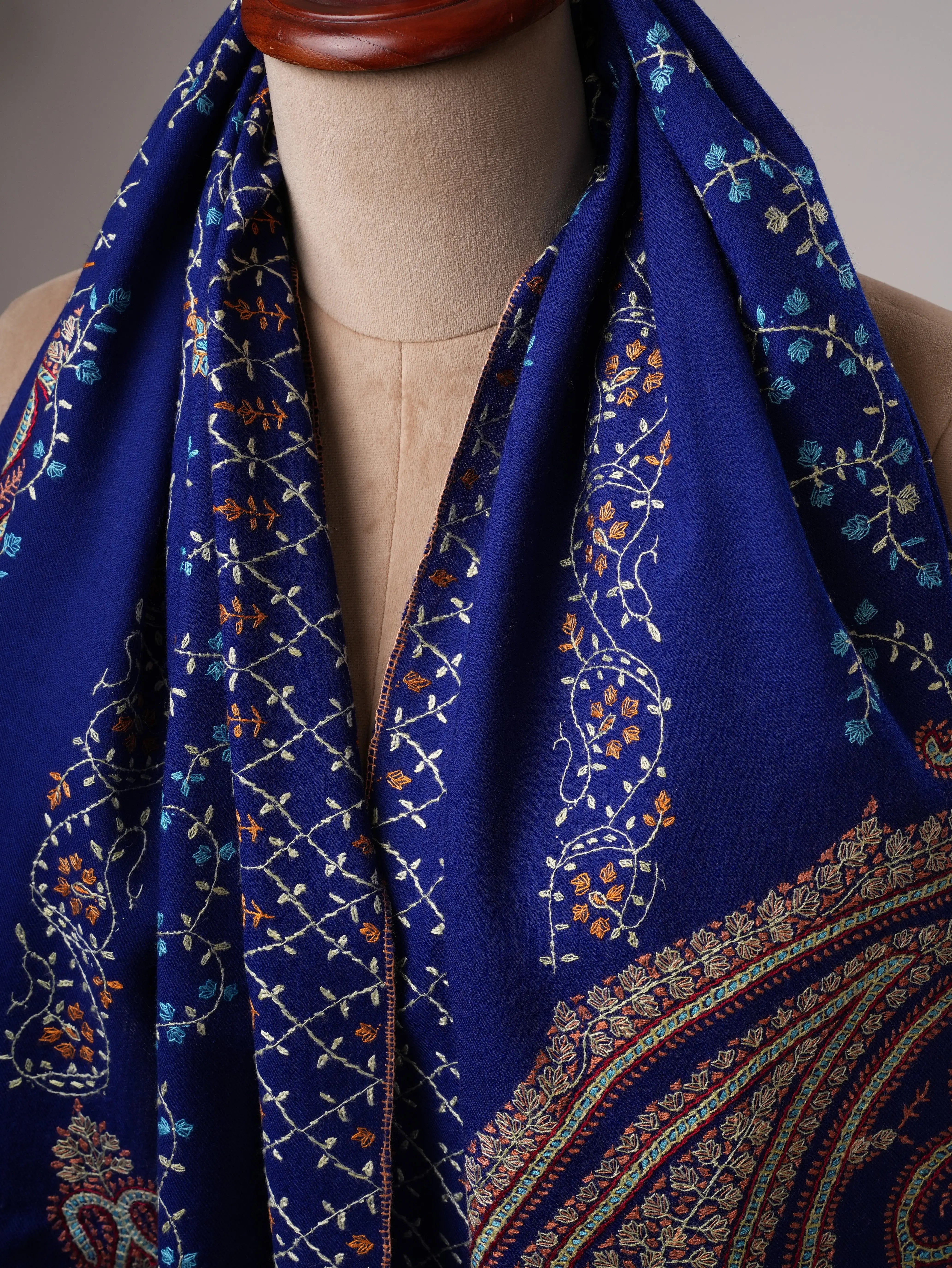 Fine Wool Blue Shawl with Intricate All Over Embroidery Shahkaar