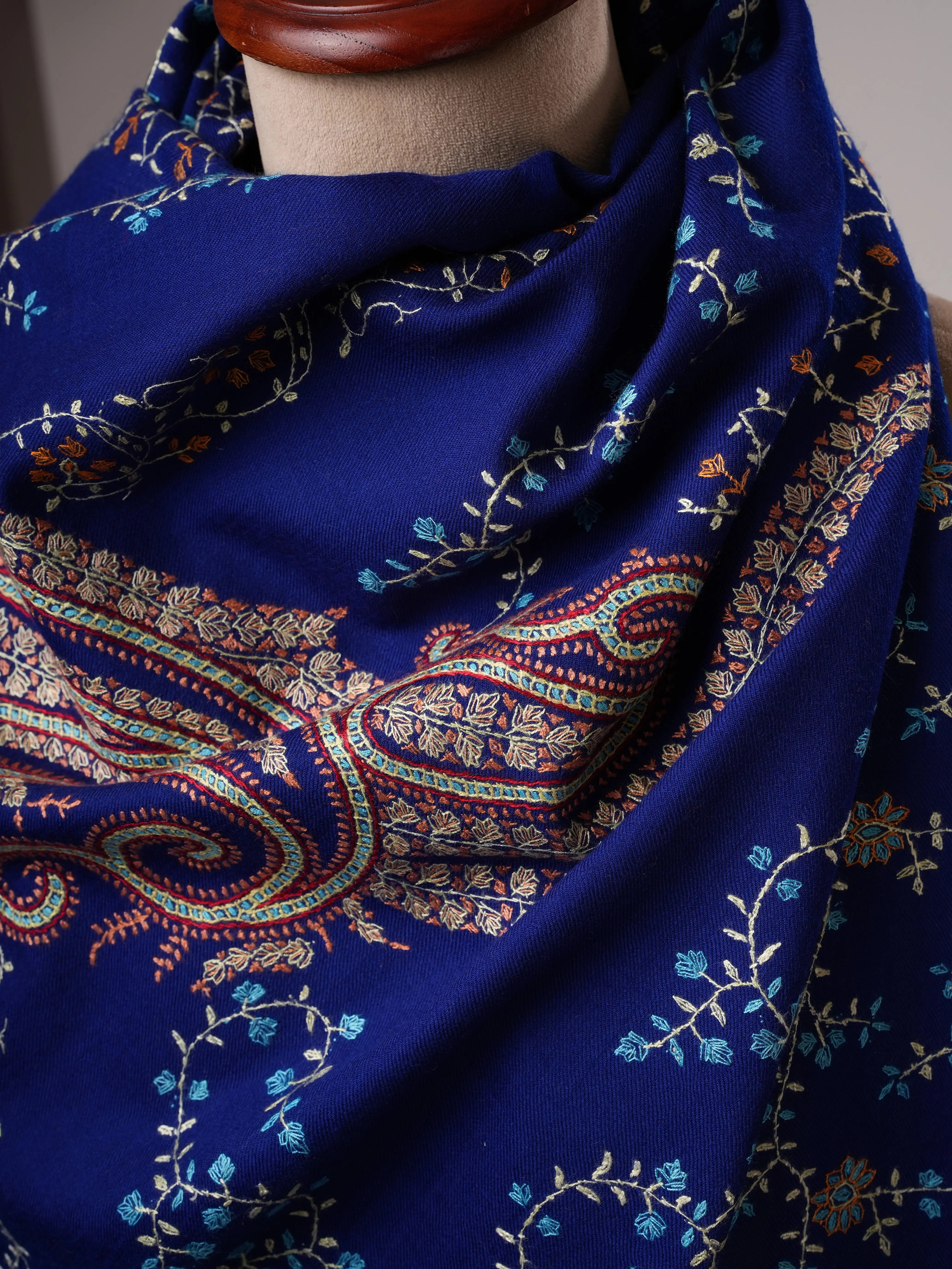 Fine Wool Blue Shawl with Intricate All Over Embroidery Shahkaar
