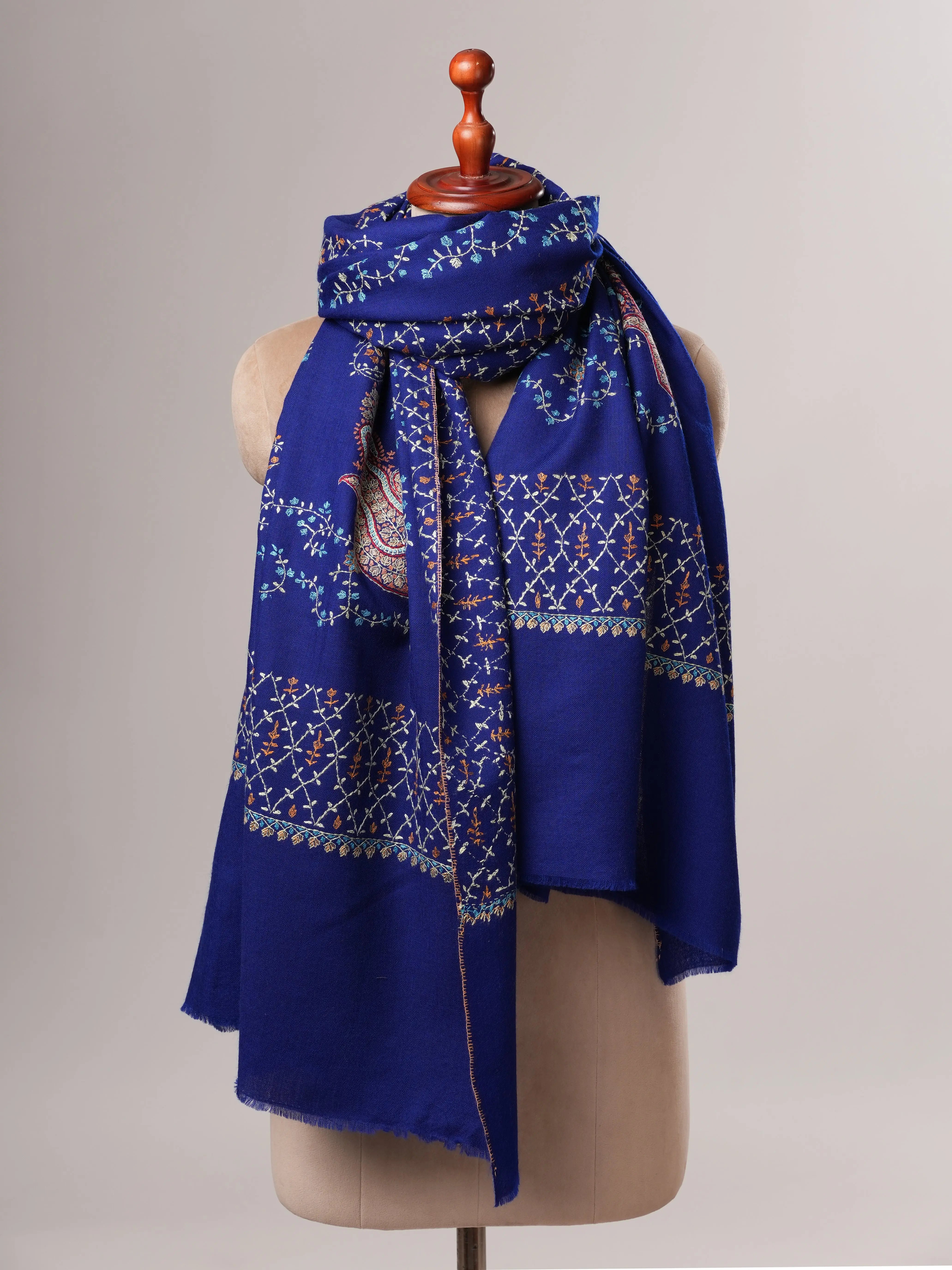 Fine Wool Blue Shawl with Intricate All Over Embroidery Shahkaar