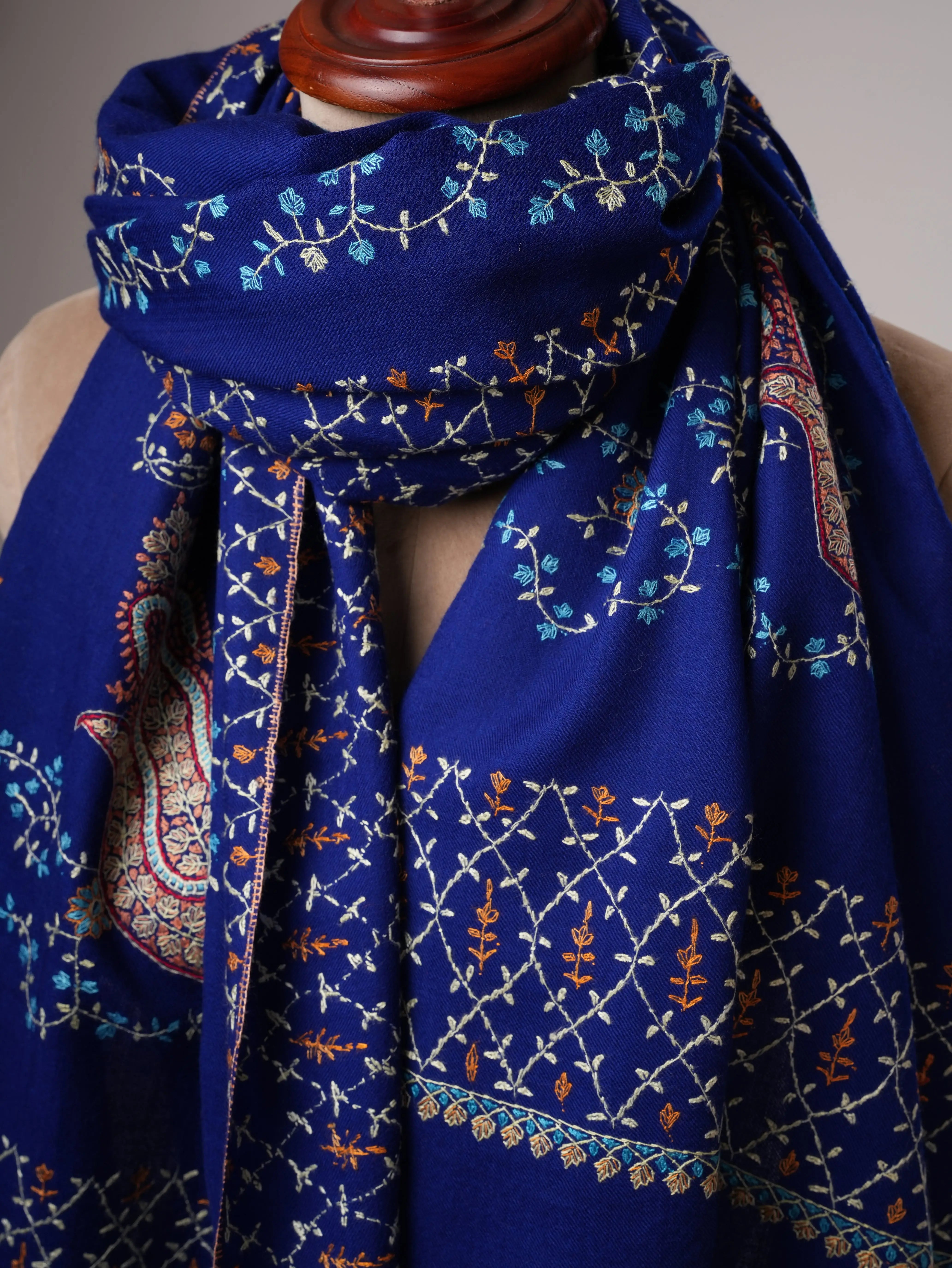 Fine Wool Blue Shawl with Intricate All Over Embroidery Shahkaar