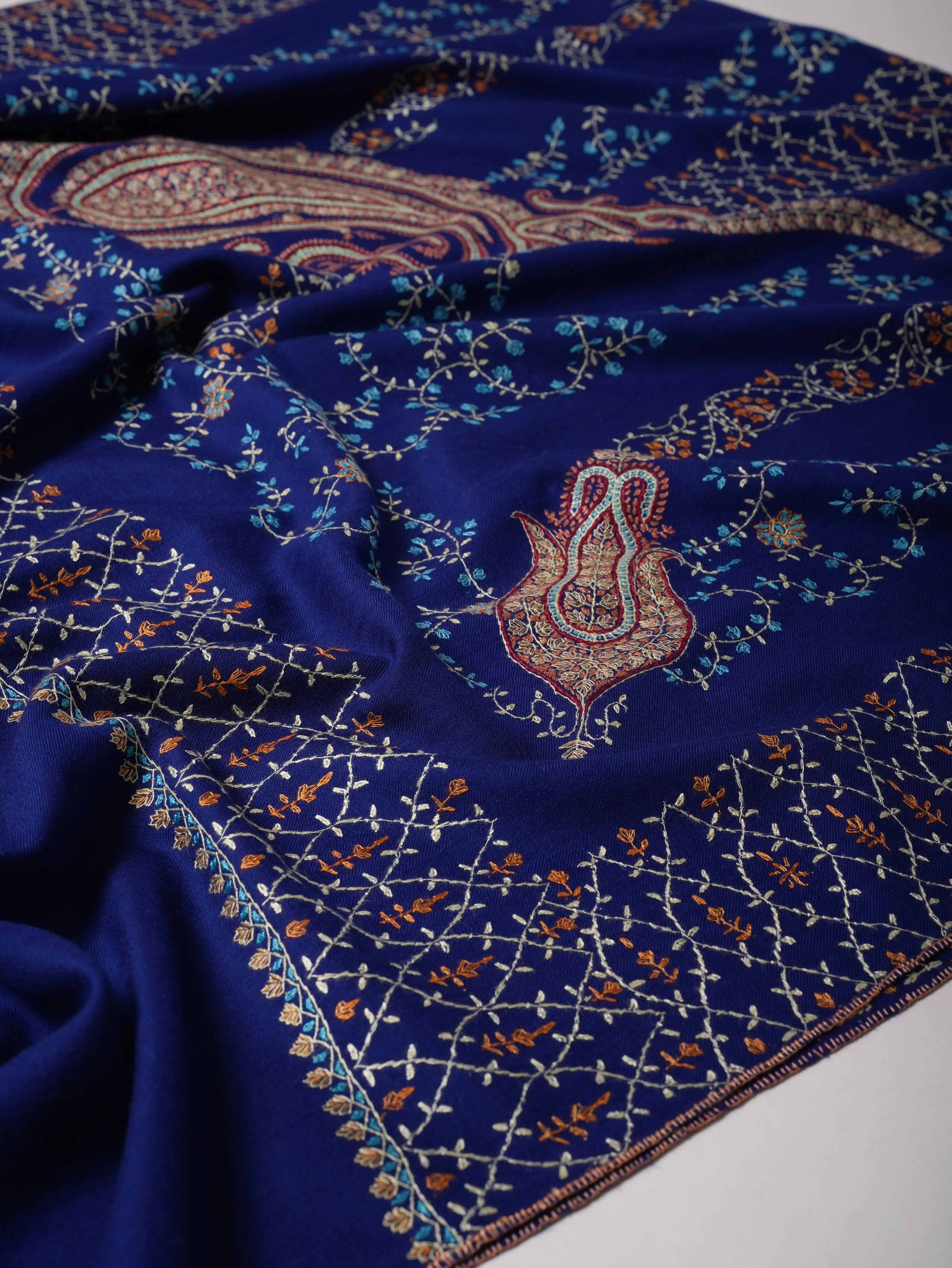 Fine Wool Blue Shawl with Intricate All Over Embroidery Shahkaar