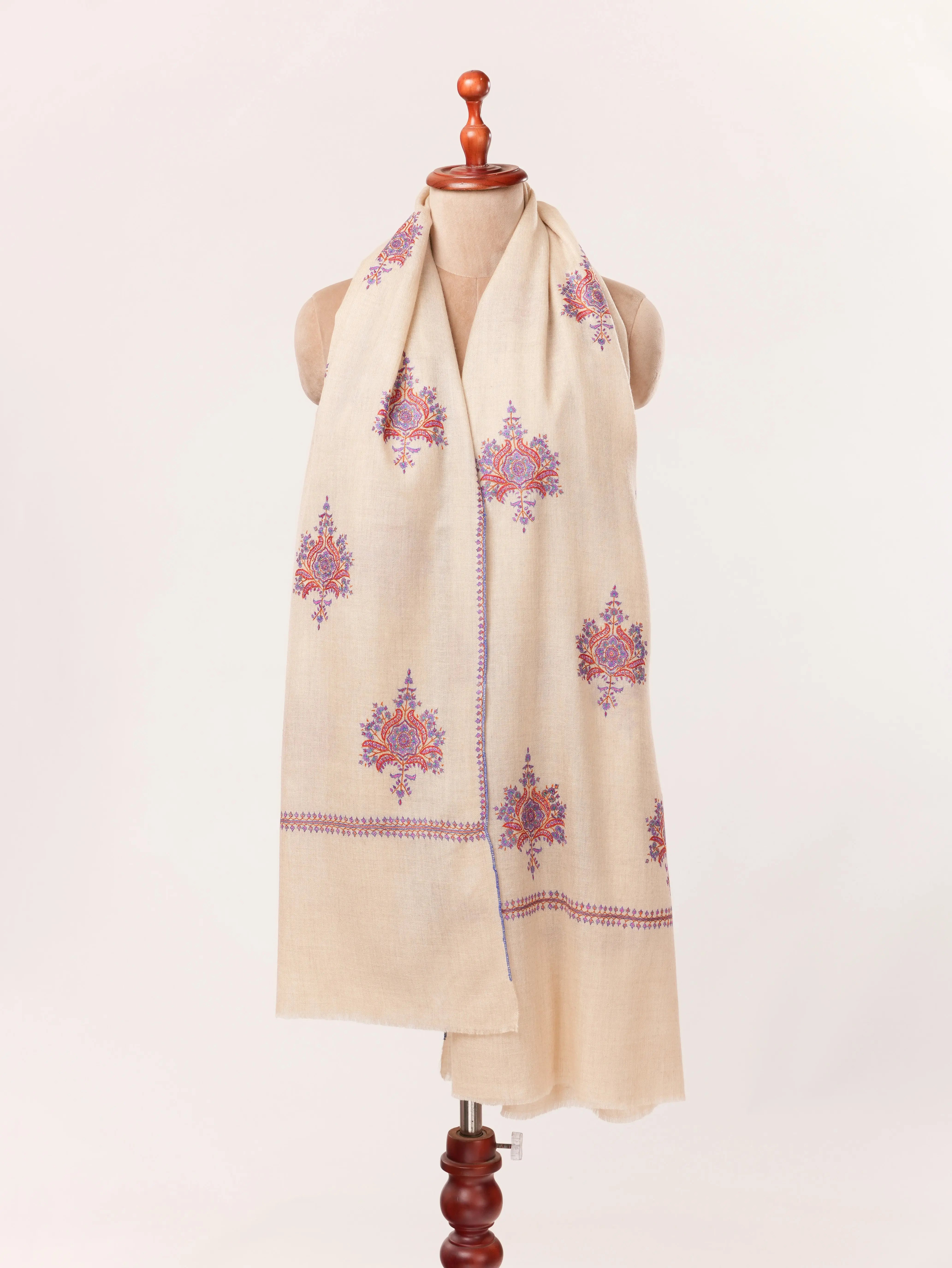 Kashmiri Beige Handwoven Pashmina Shawl with Buteh Hand Sozni Embroidery Shahkaar.com