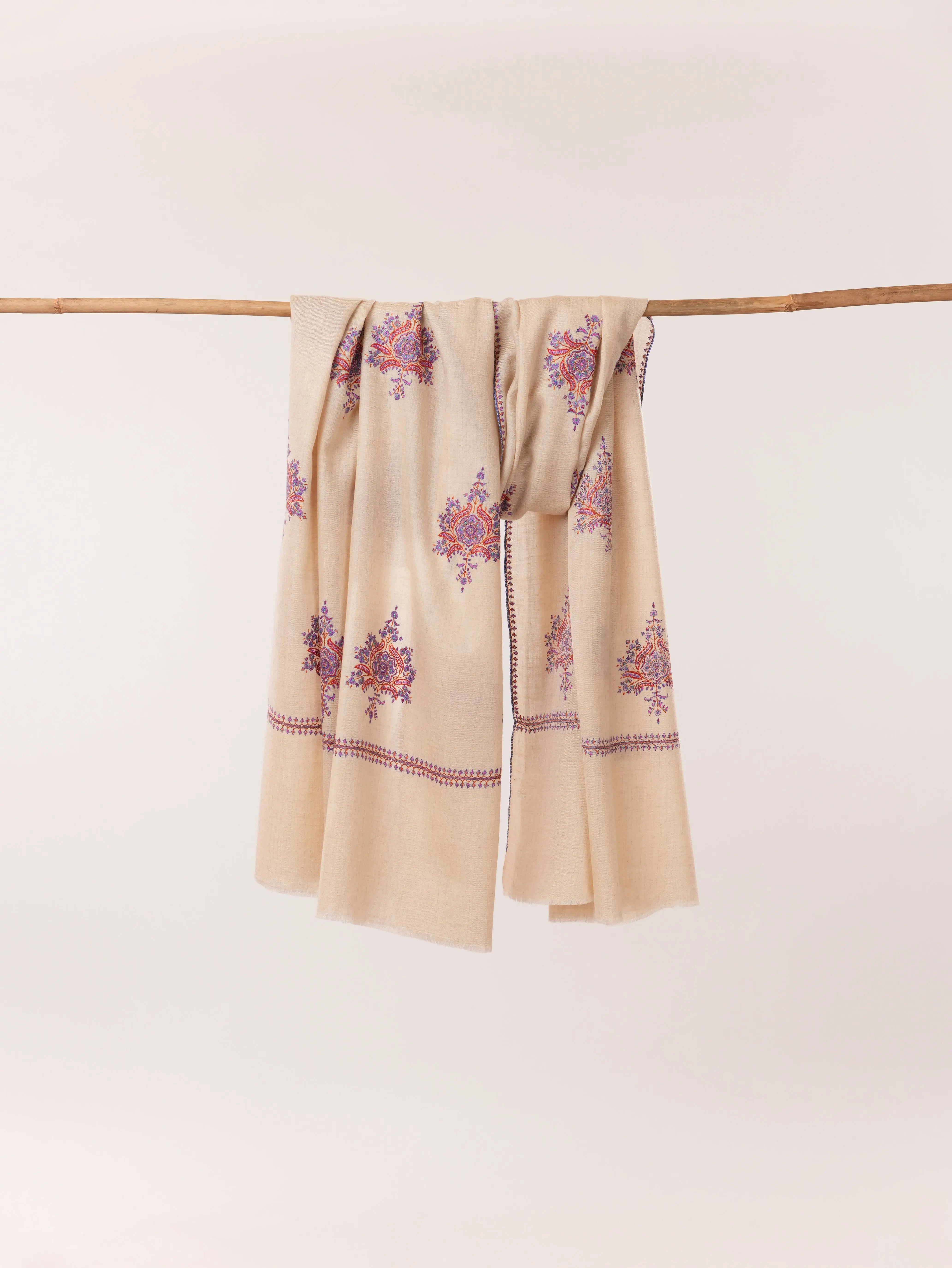 Kashmiri Beige Handwoven Pashmina Shawl with Buteh Hand Sozni Embroidery Shahkaar.com
