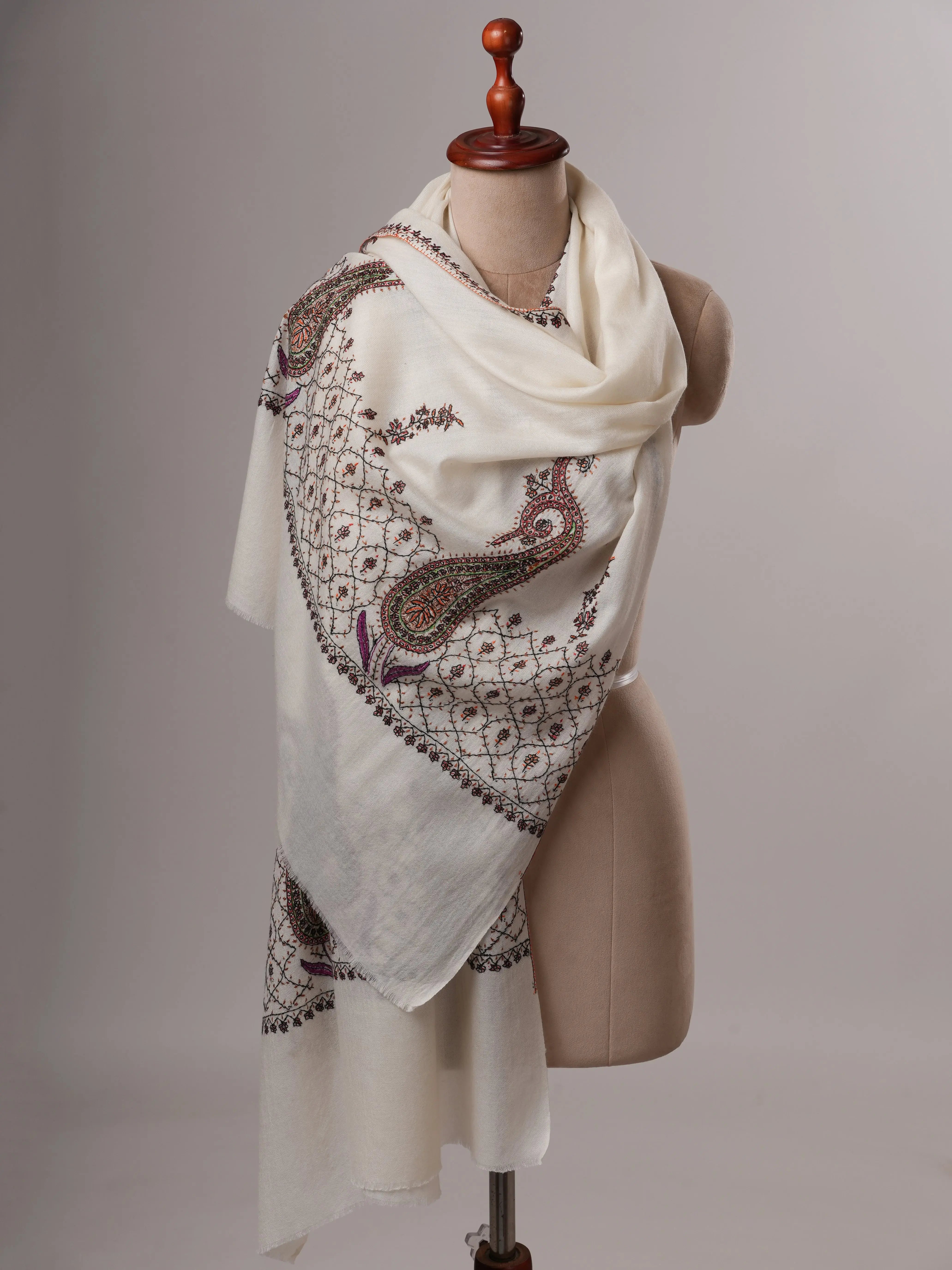 Artisan White Silk Wool Scarf with Traditional Palla Embroidery Shahkaar