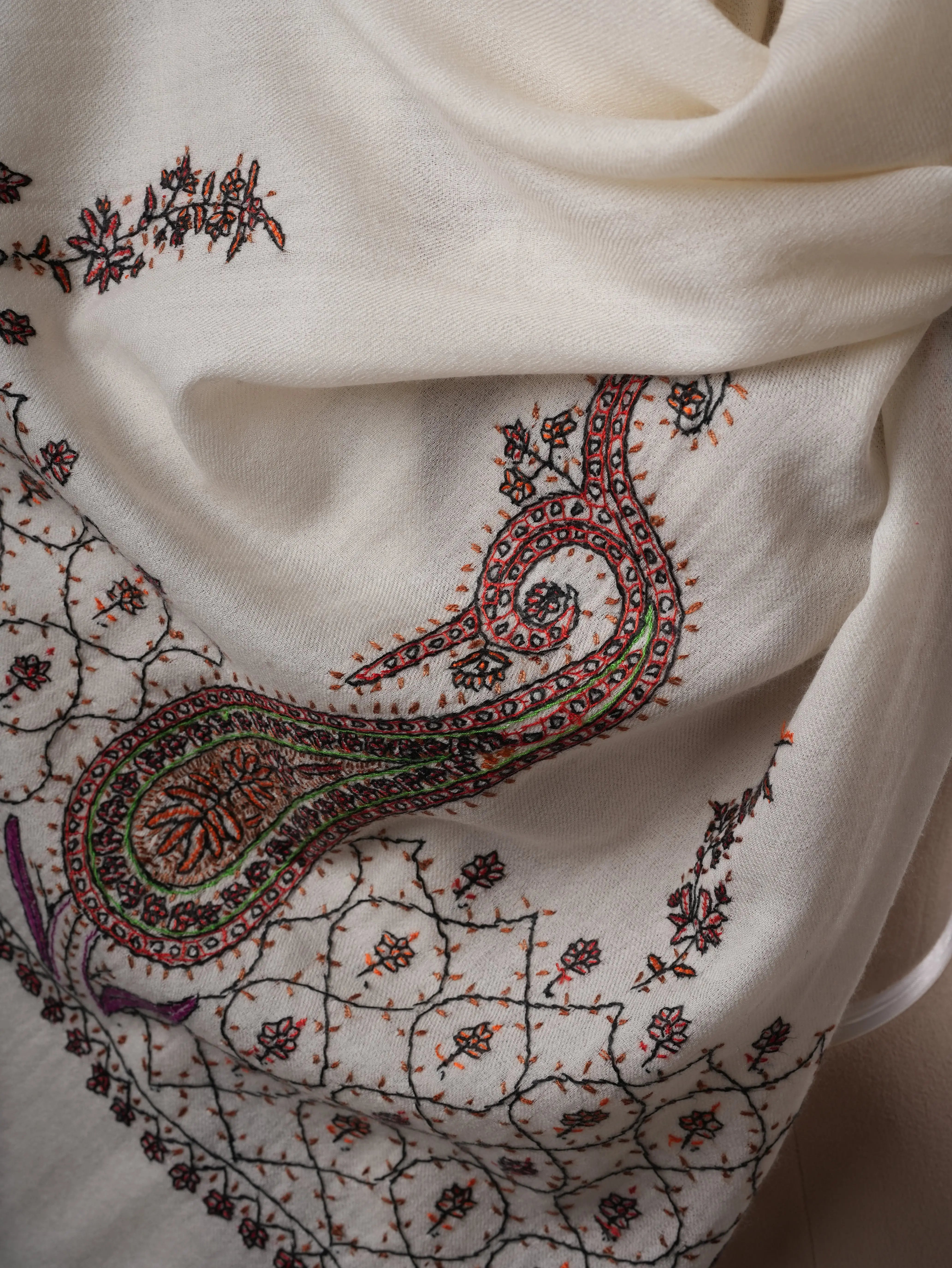 Artisan White Silk Wool Scarf with Traditional Palla Embroidery Shahkaar