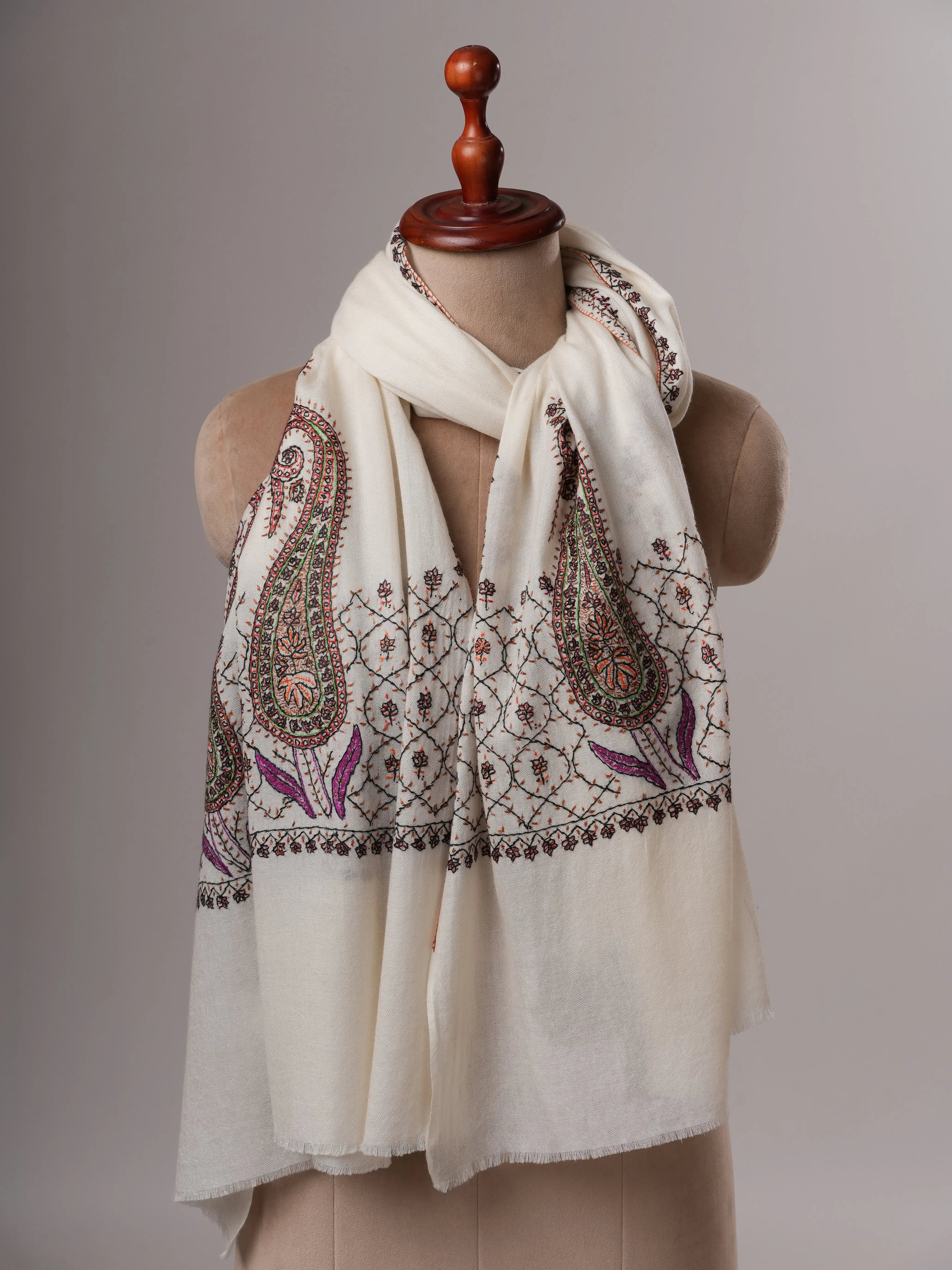 Artisan White Silk Wool Scarf with Traditional Palla Embroidery Shahkaar