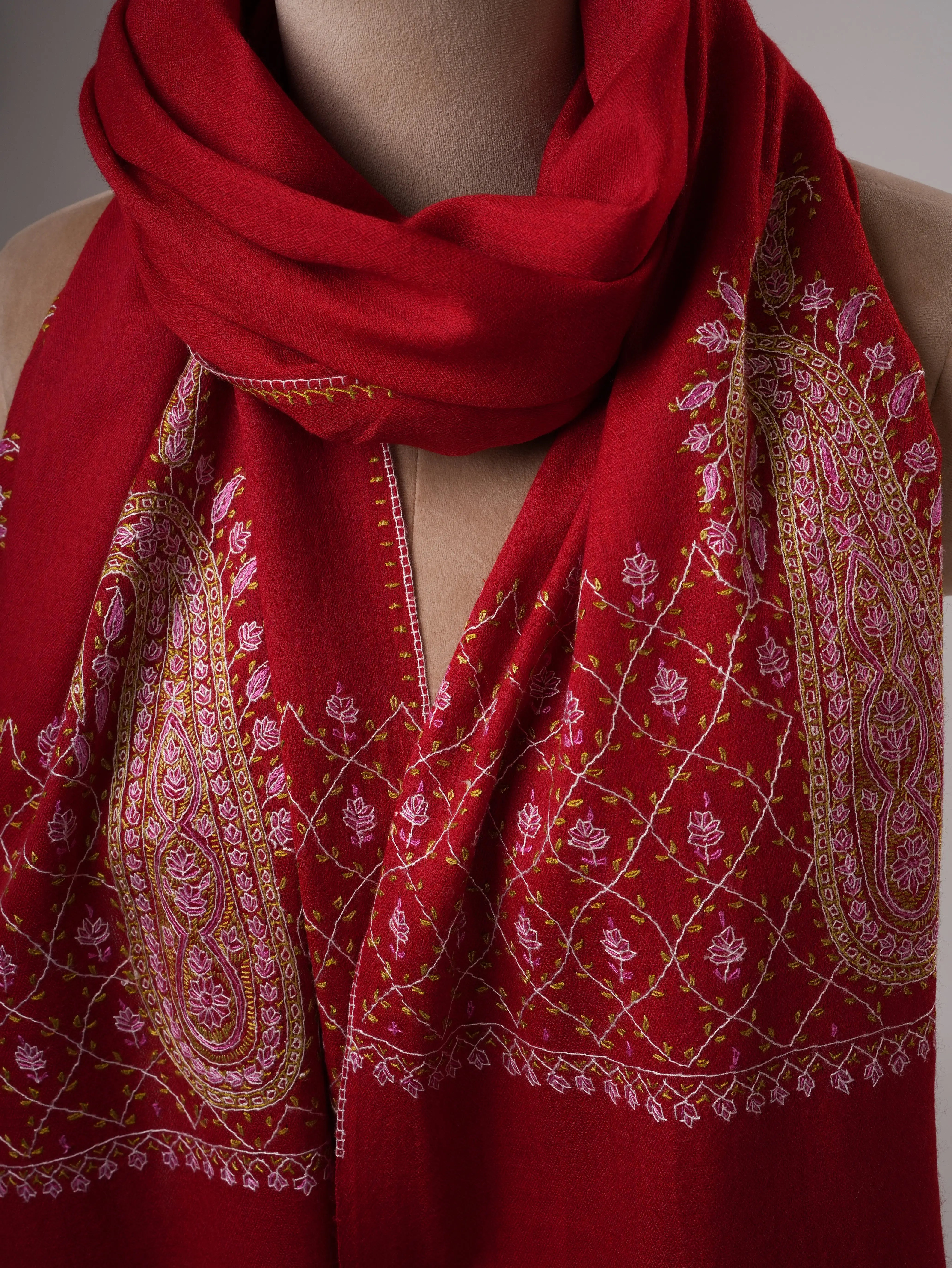 Soft Red Silk Wool Scarf with Palla Embroidery Shahkaar