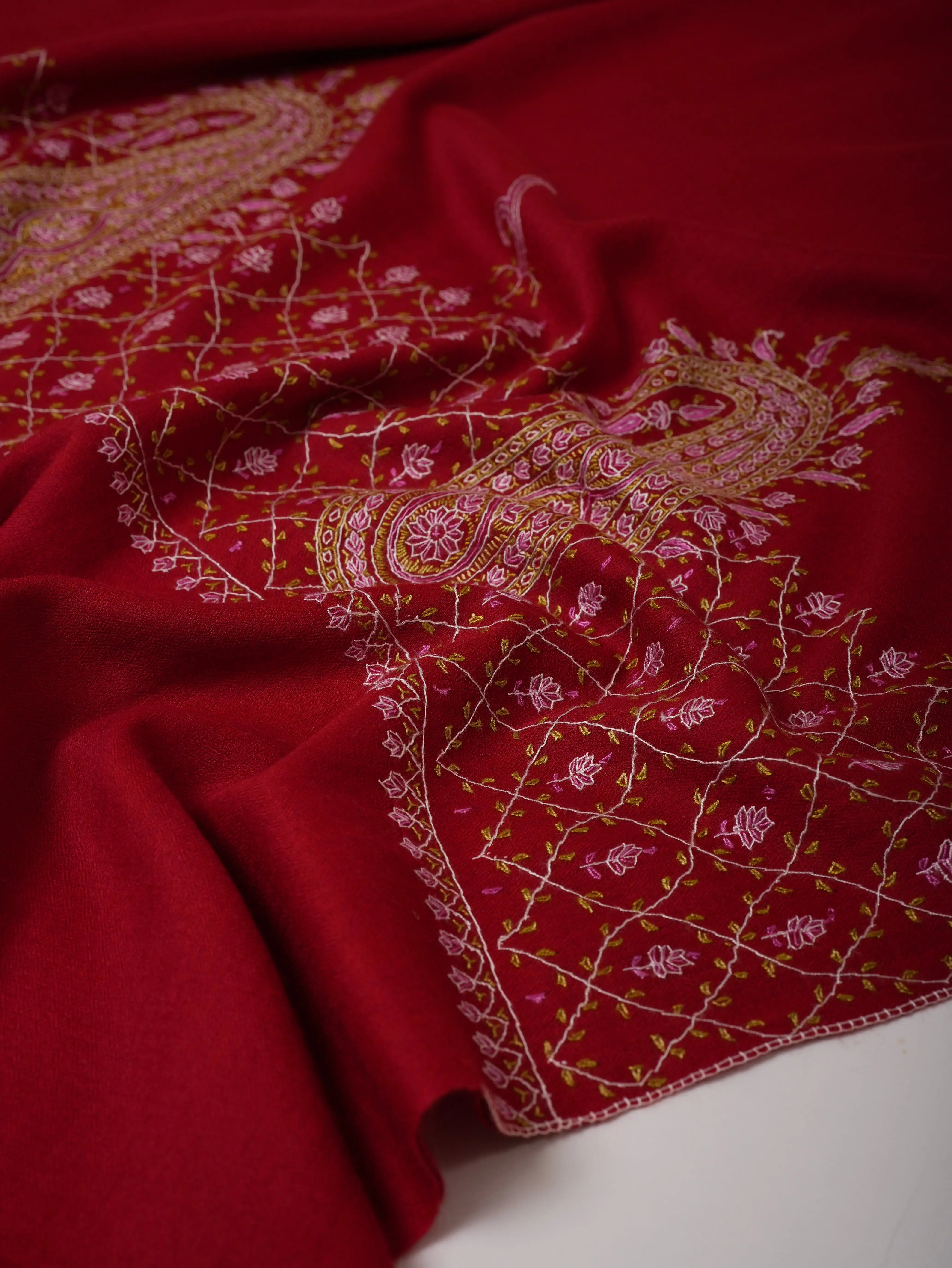 Soft Red Silk Wool Scarf with Palla Embroidery Shahkaar