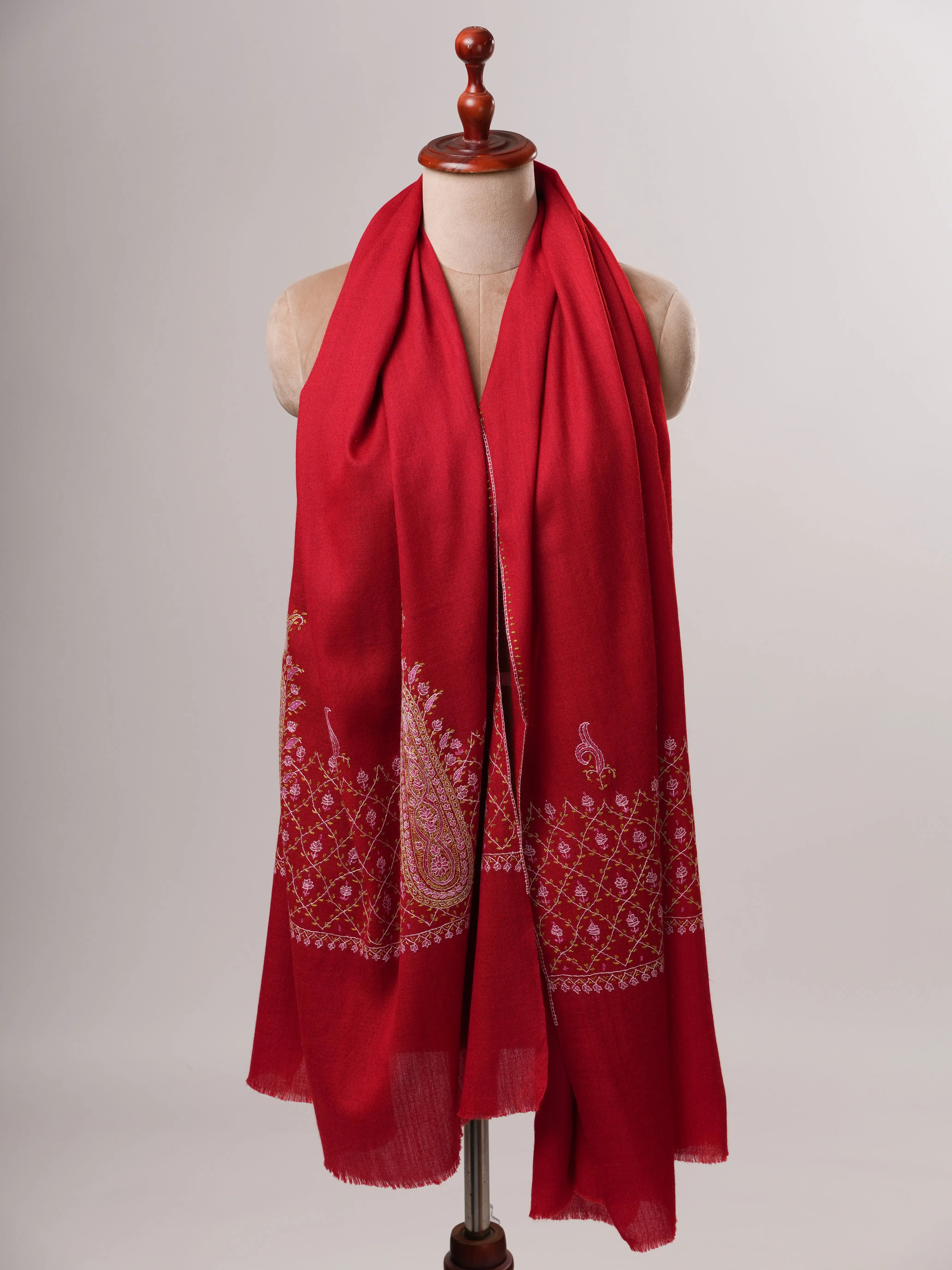 Soft Red Silk Wool Scarf with Palla Embroidery Shahkaar