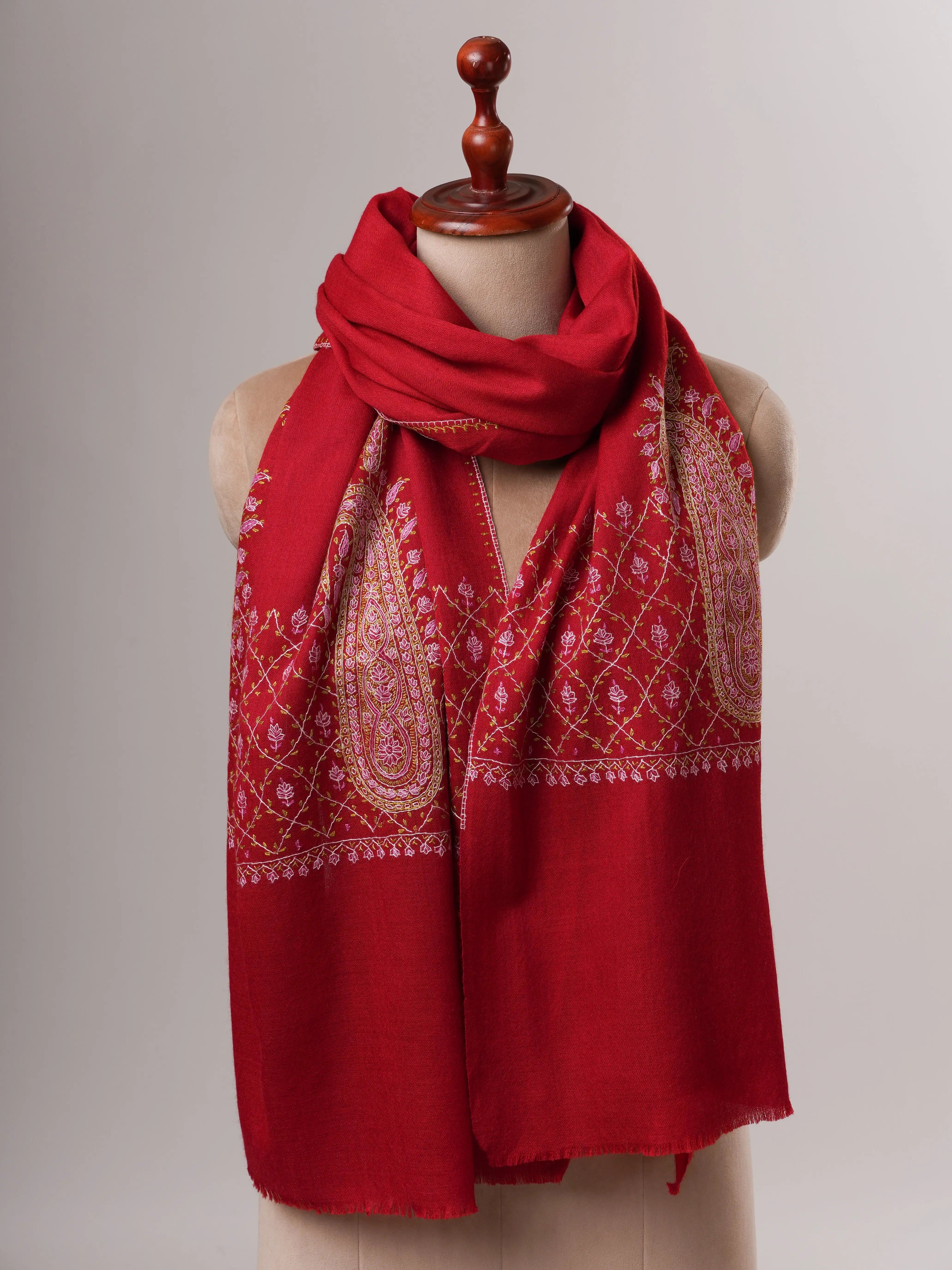 Soft Red Silk Wool Scarf with Palla Embroidery Shahkaar