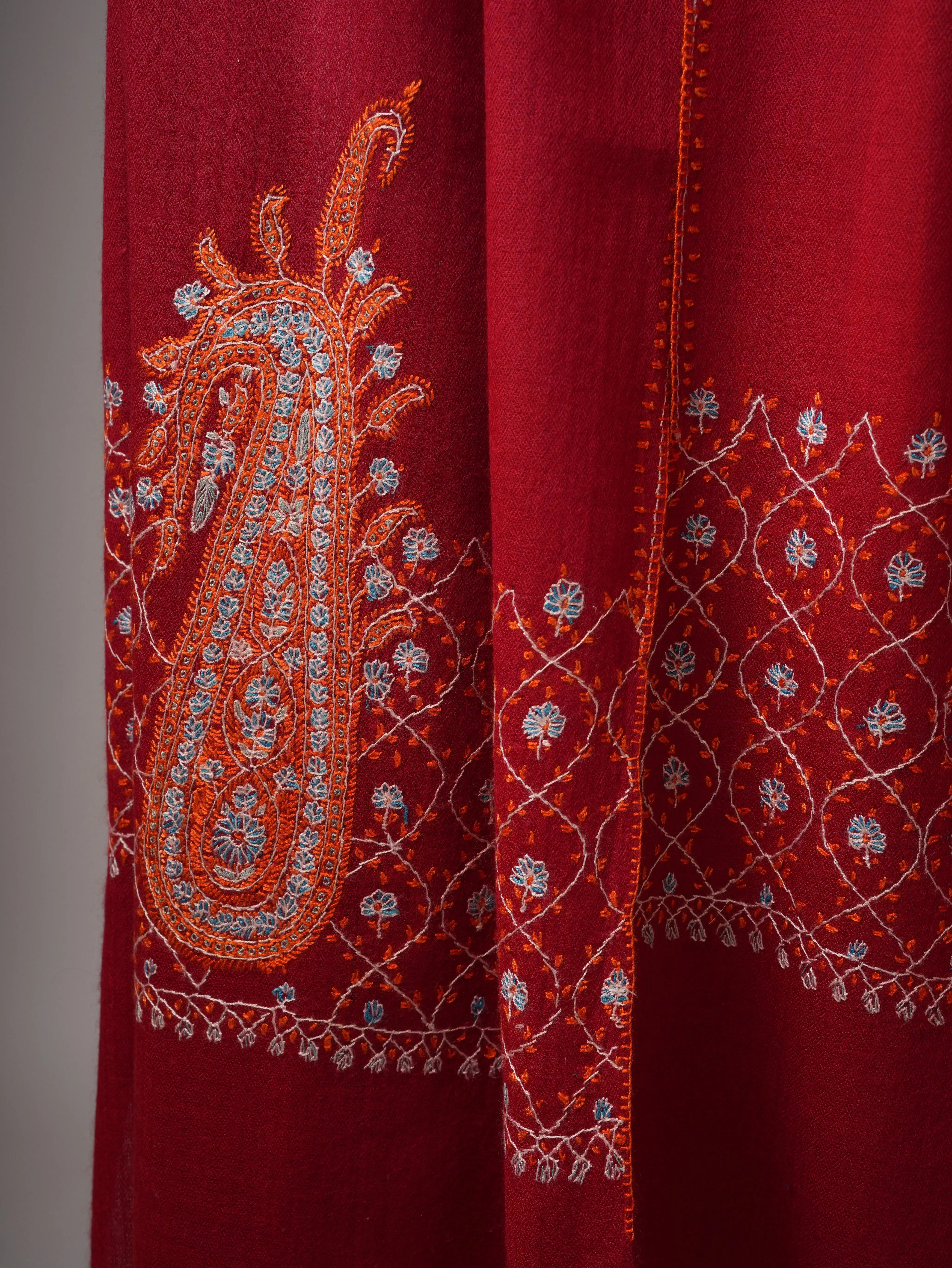 Soft Red Silk Wool Scarf with Traditional Palla Embroidery Shahkaar