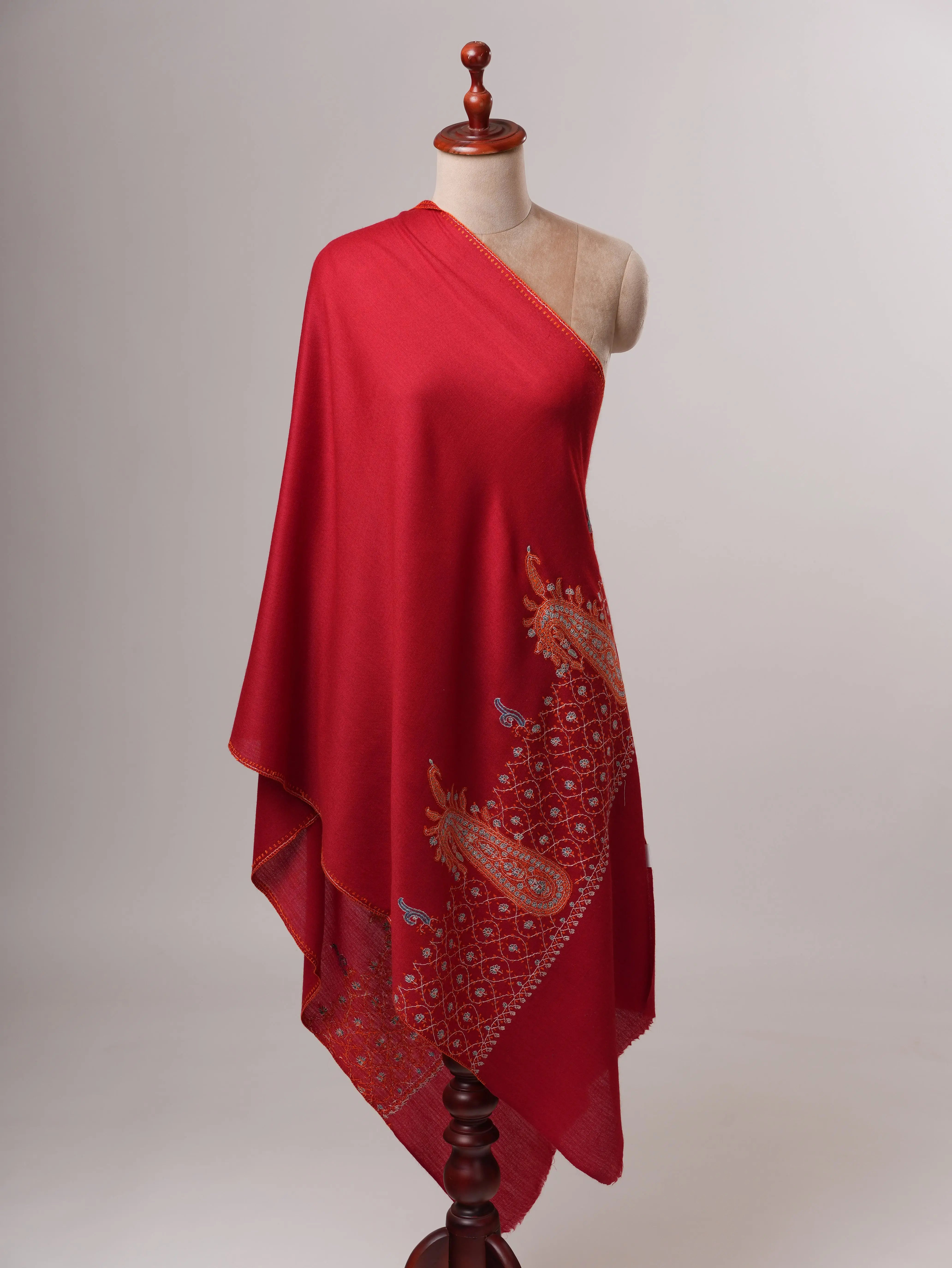Soft Red Silk Wool Scarf with Traditional Palla Embroidery Shahkaar
