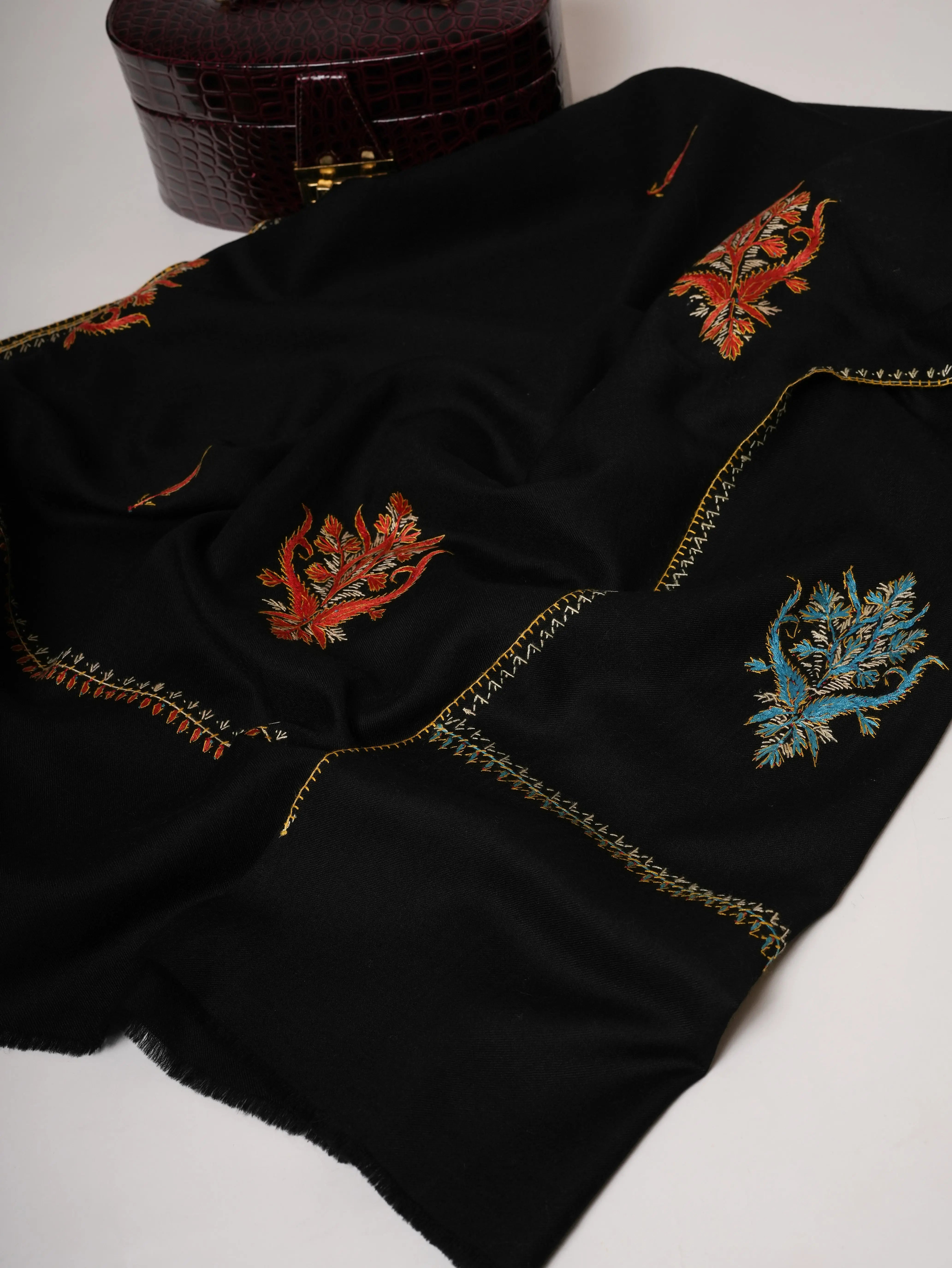 Black Aksi Hand Embroidered Fine Wool Shawl Shahkaar