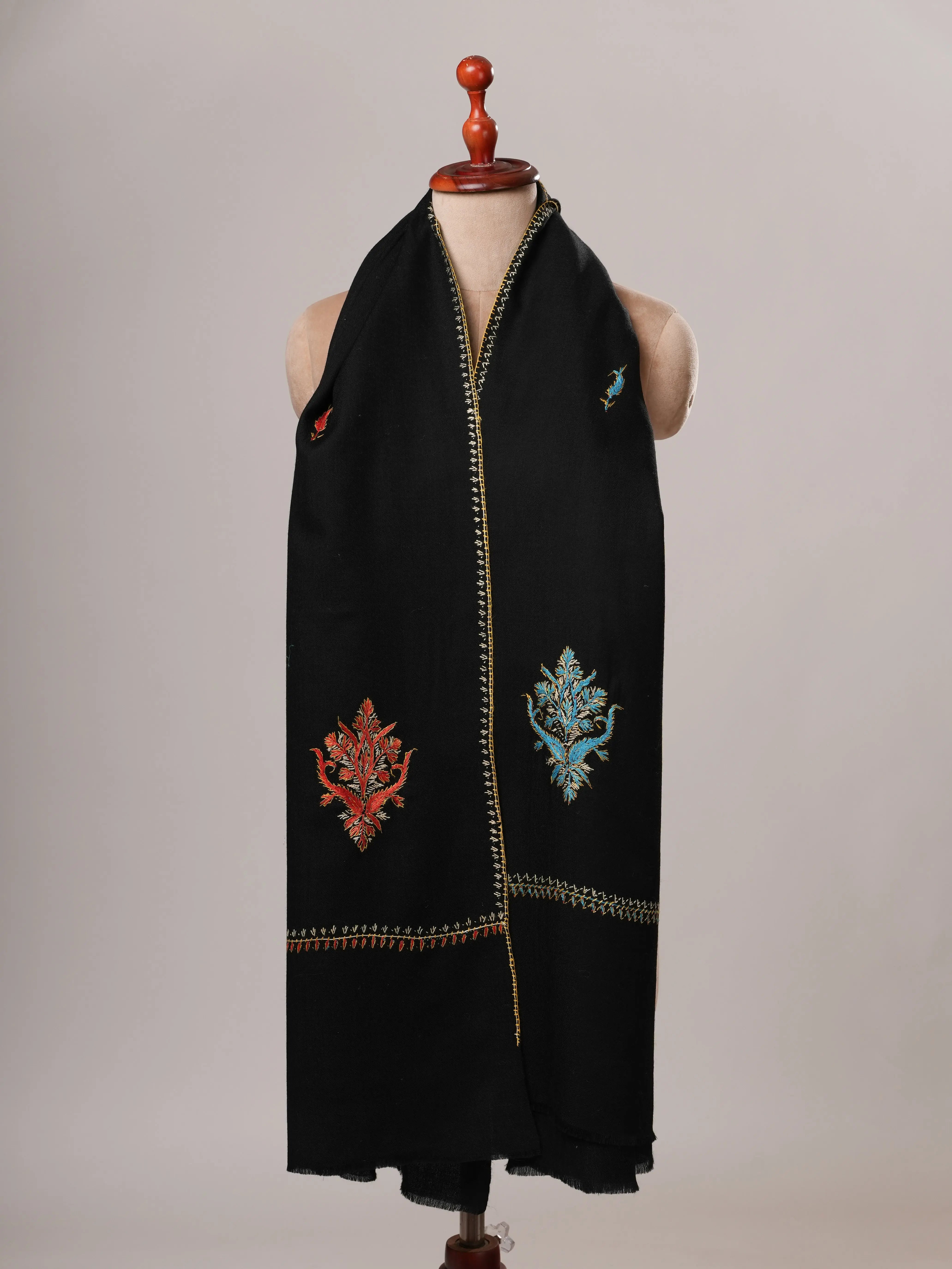 Black Aksi Hand Embroidered Fine Wool Shawl Shahkaar