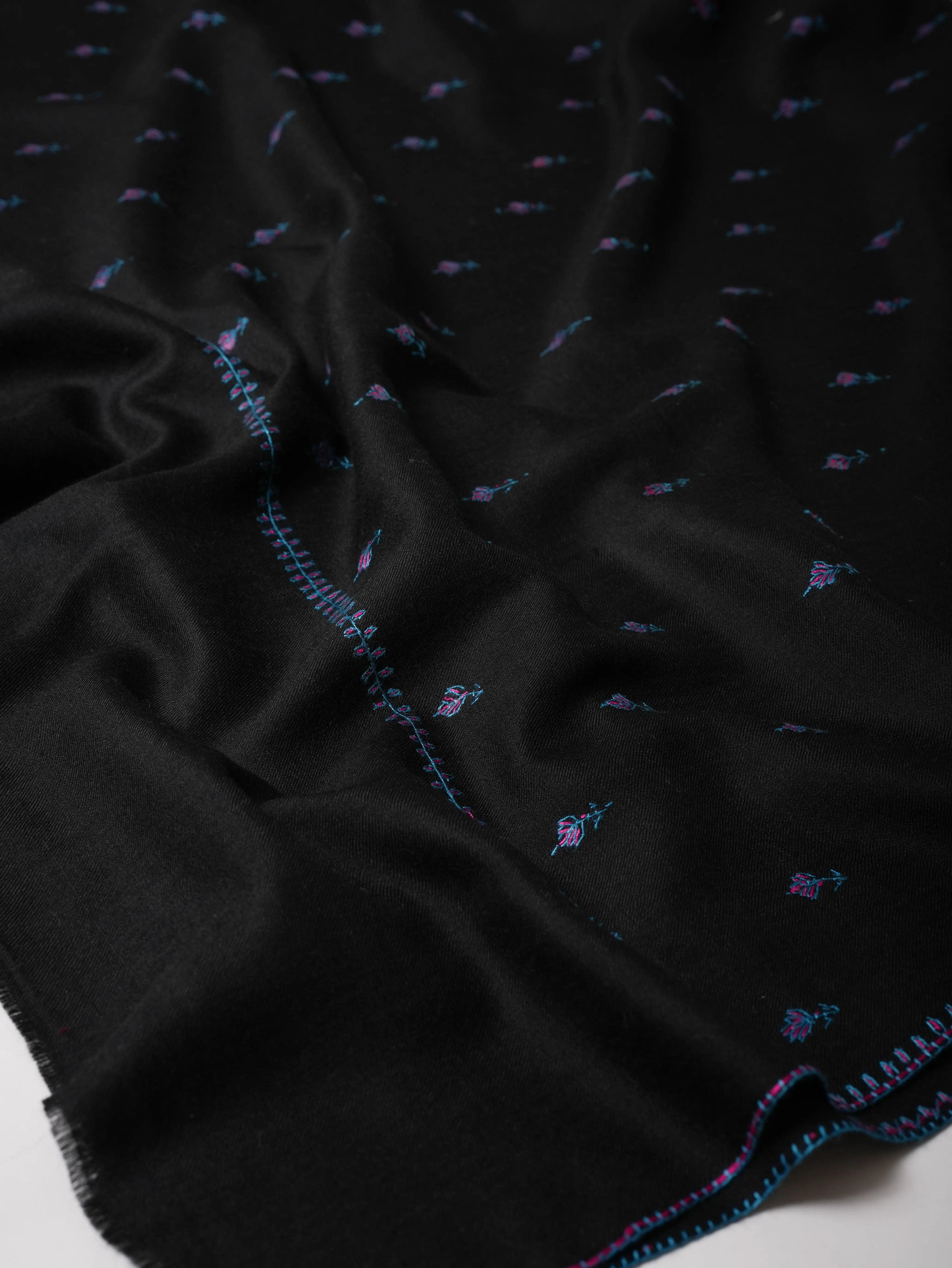 Black Fine Wool Shawl Featuring Traditional Machie Booti Embroidery Shahkaar