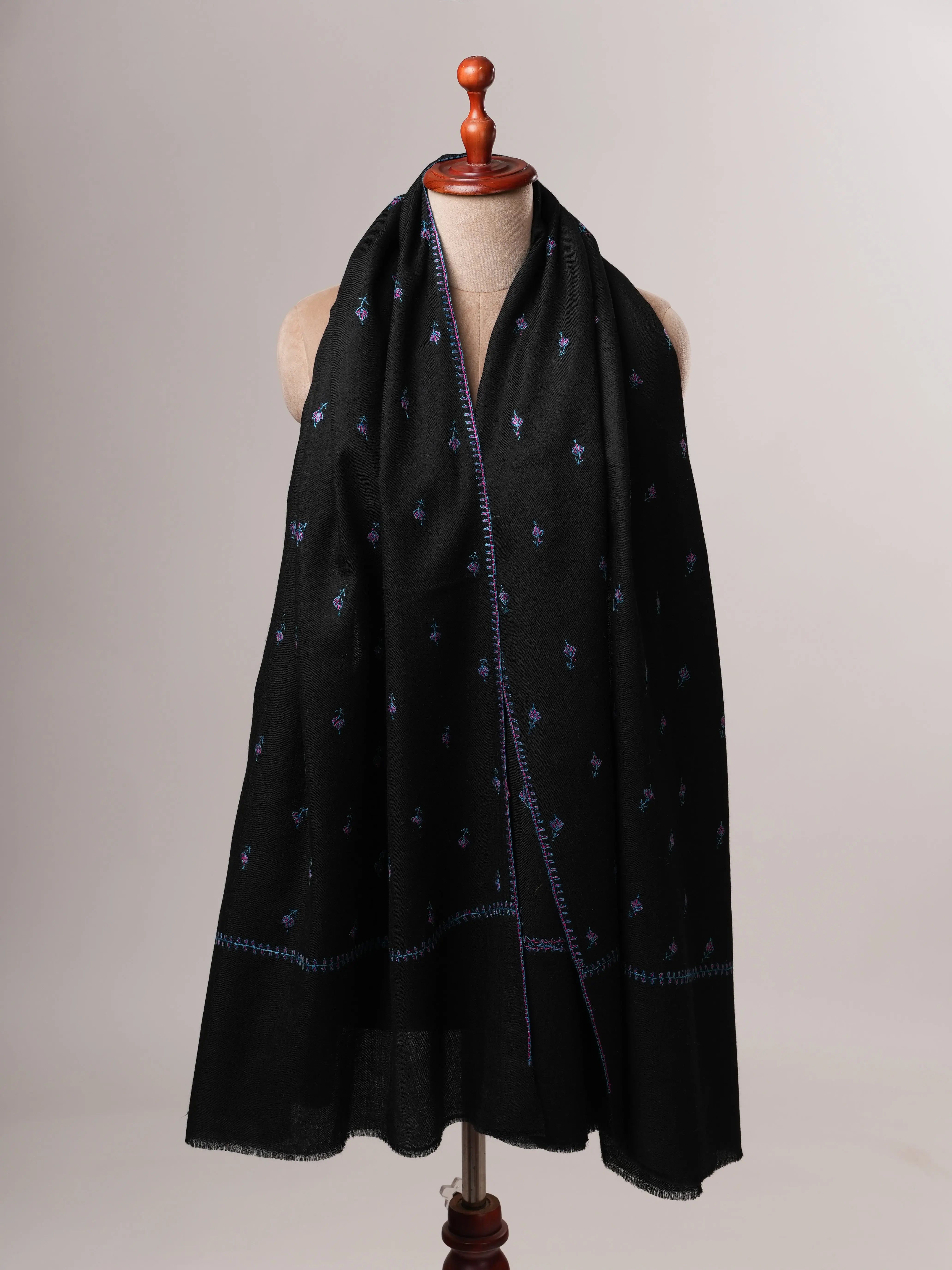 Black Fine Wool Shawl Featuring Traditional Machie Booti Embroidery Shahkaar