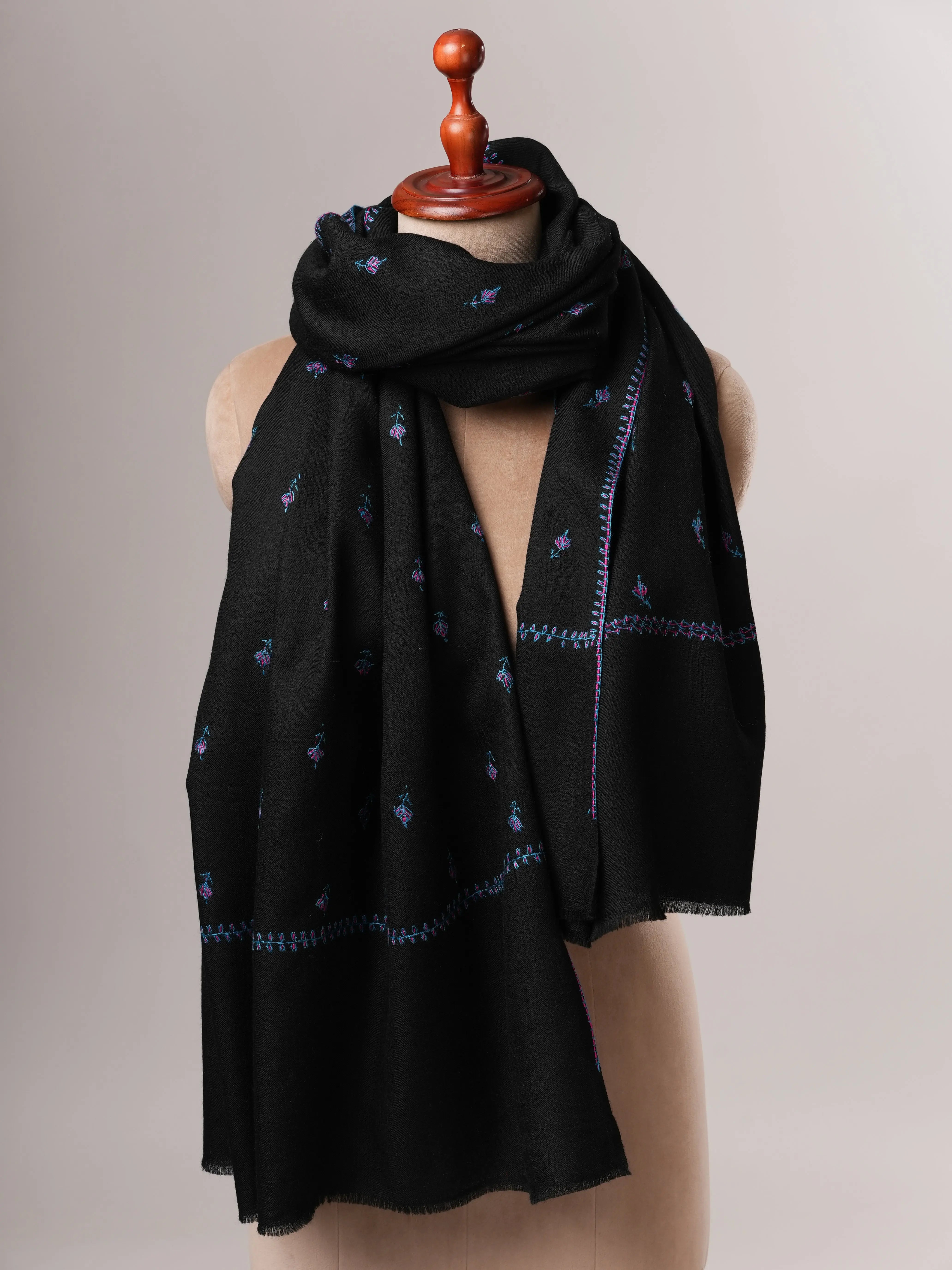 Black Fine Wool Shawl Featuring Traditional Machie Booti Embroidery Shahkaar