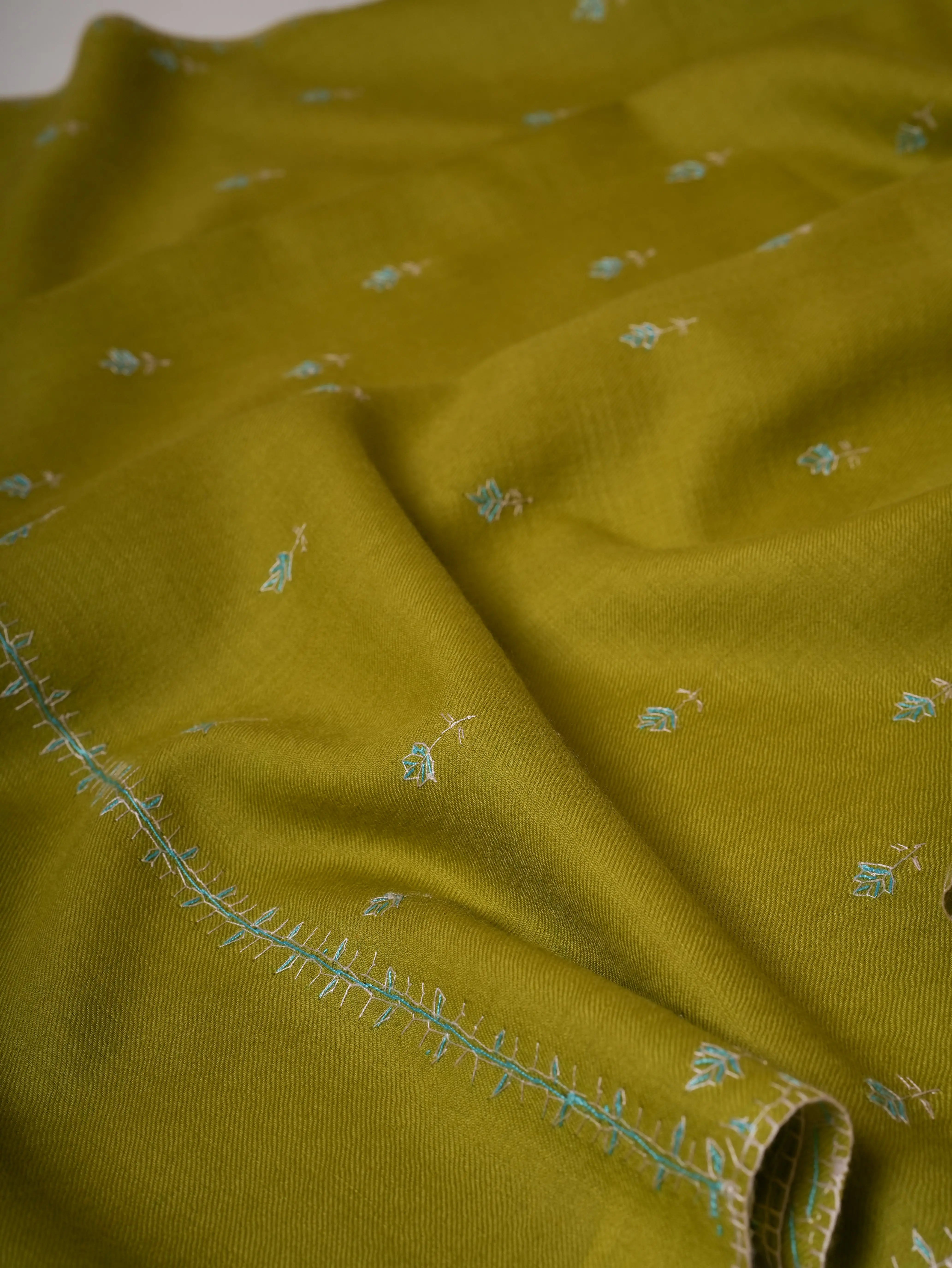 Chartreuse Hand Embroidered Machie Booti Fine Wool Shawl Shahkaar