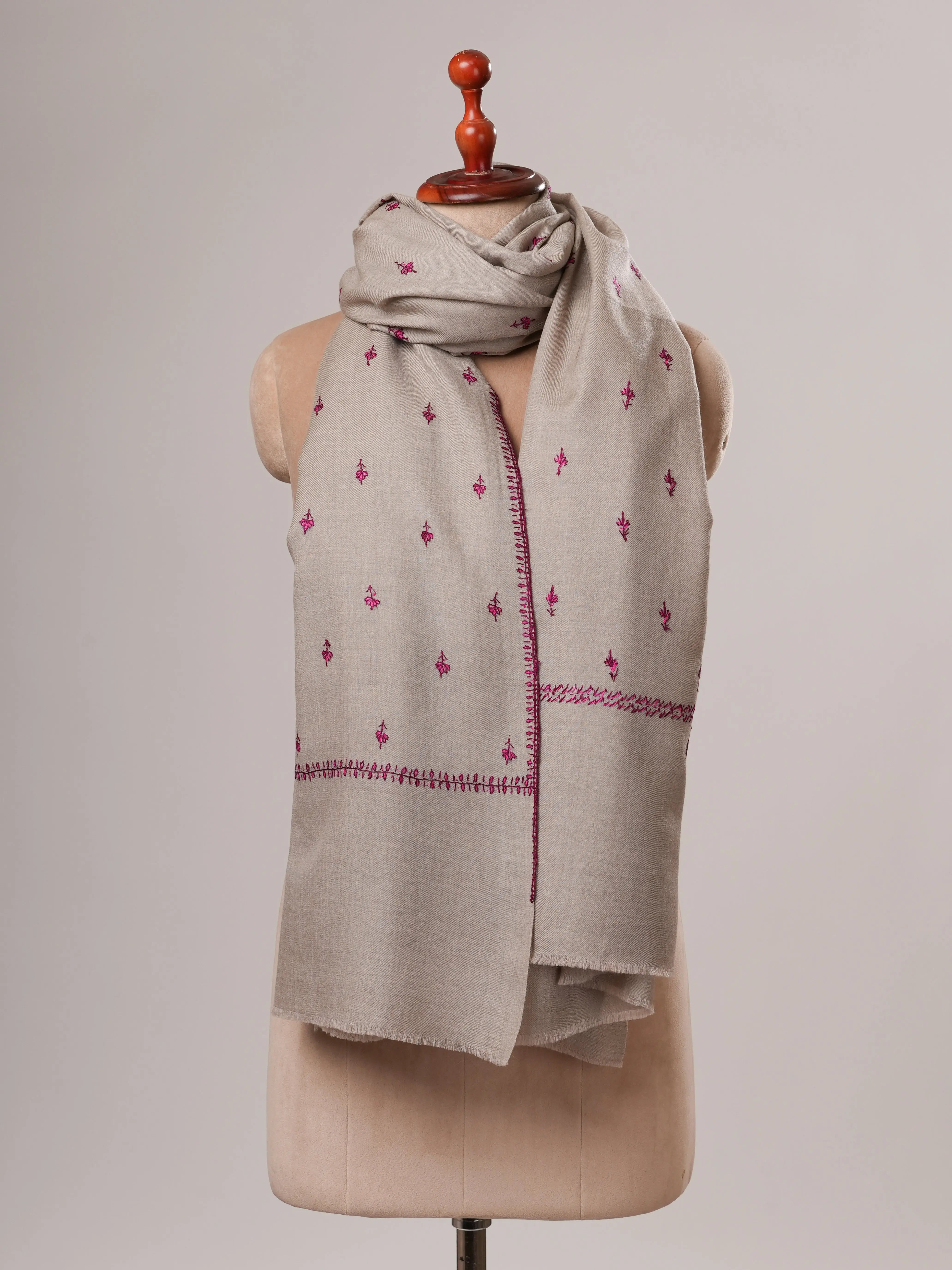 Grey Machie Booti Hand Embroidered Fine Wool Shawl Shahkaar
