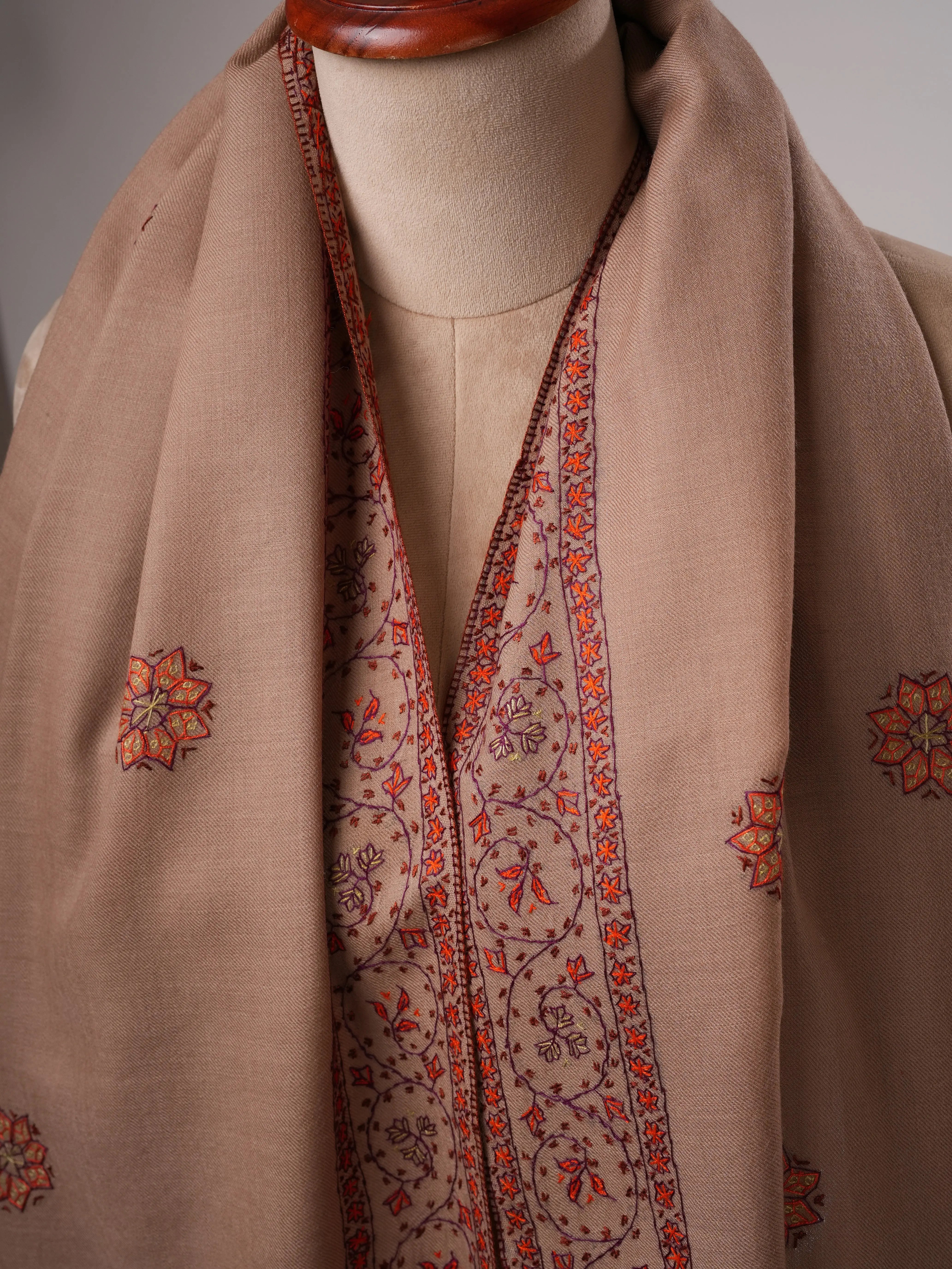 Beige Fine Wool Shawl with Delicate Hand Embroidery Shahkaar