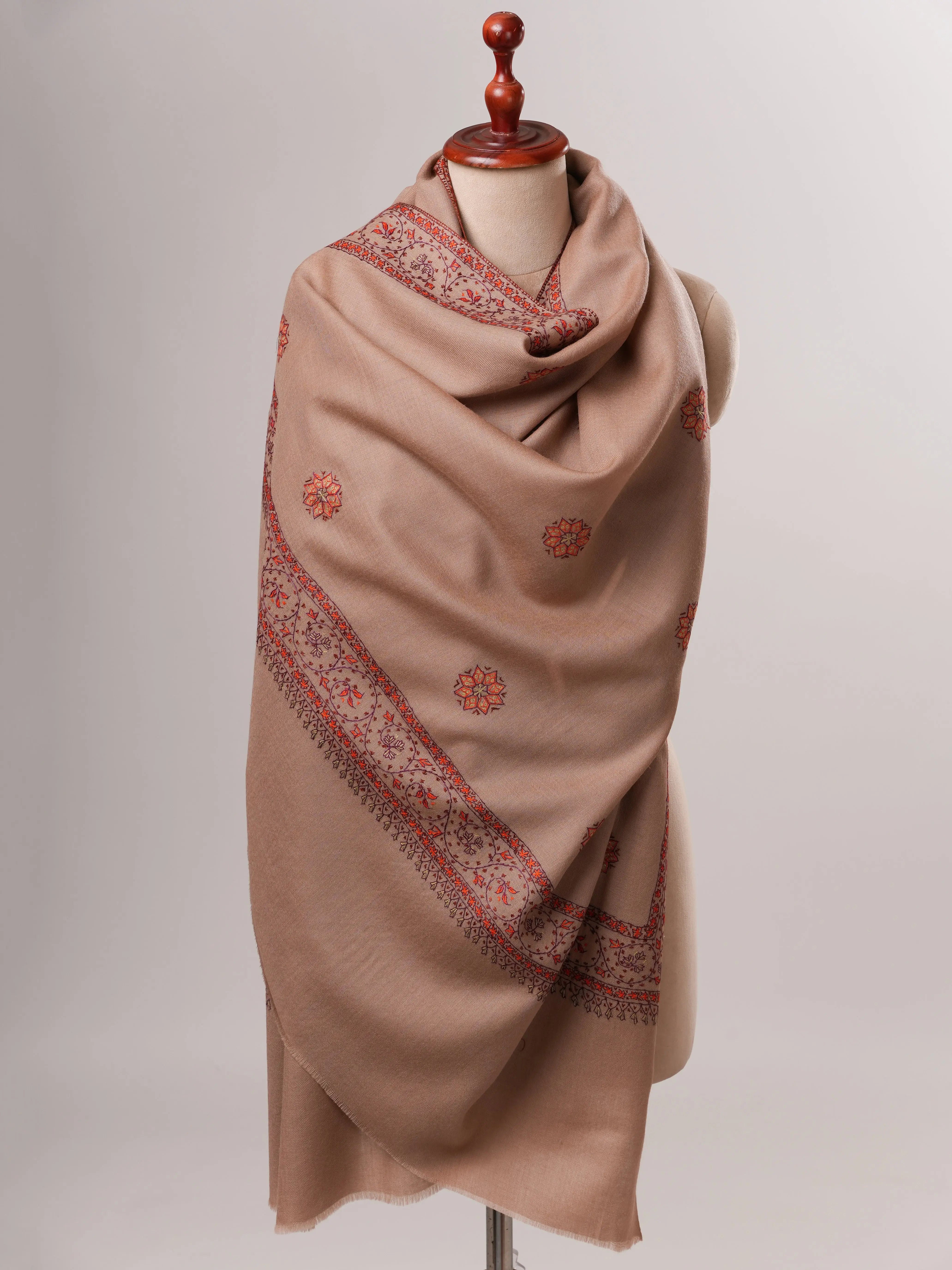 Beige Fine Wool Shawl with Delicate Hand Embroidery Shahkaar