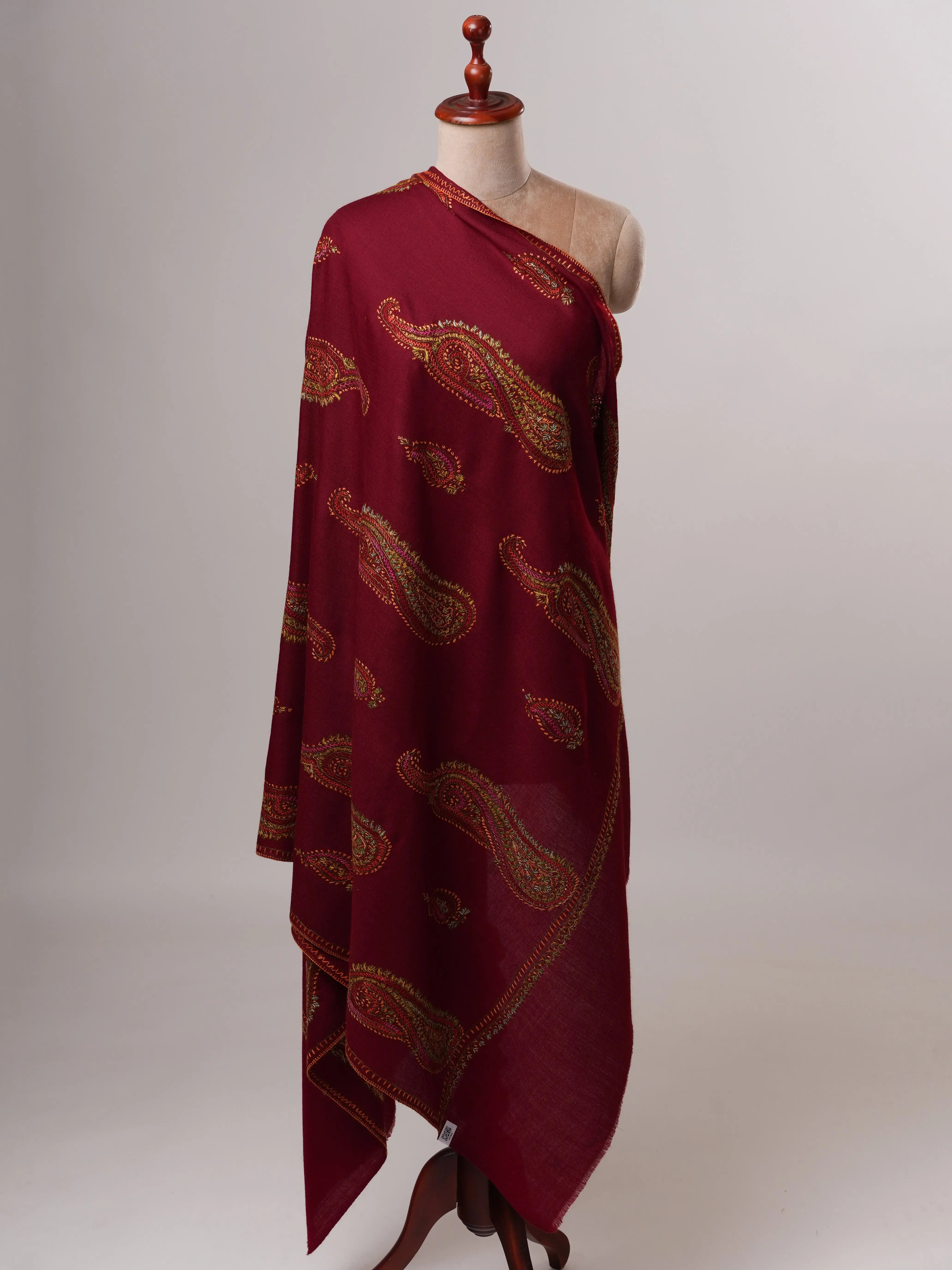 Handcrafted Maroon Fine Wool Shawl with Paisley Embroidery Shahkaar