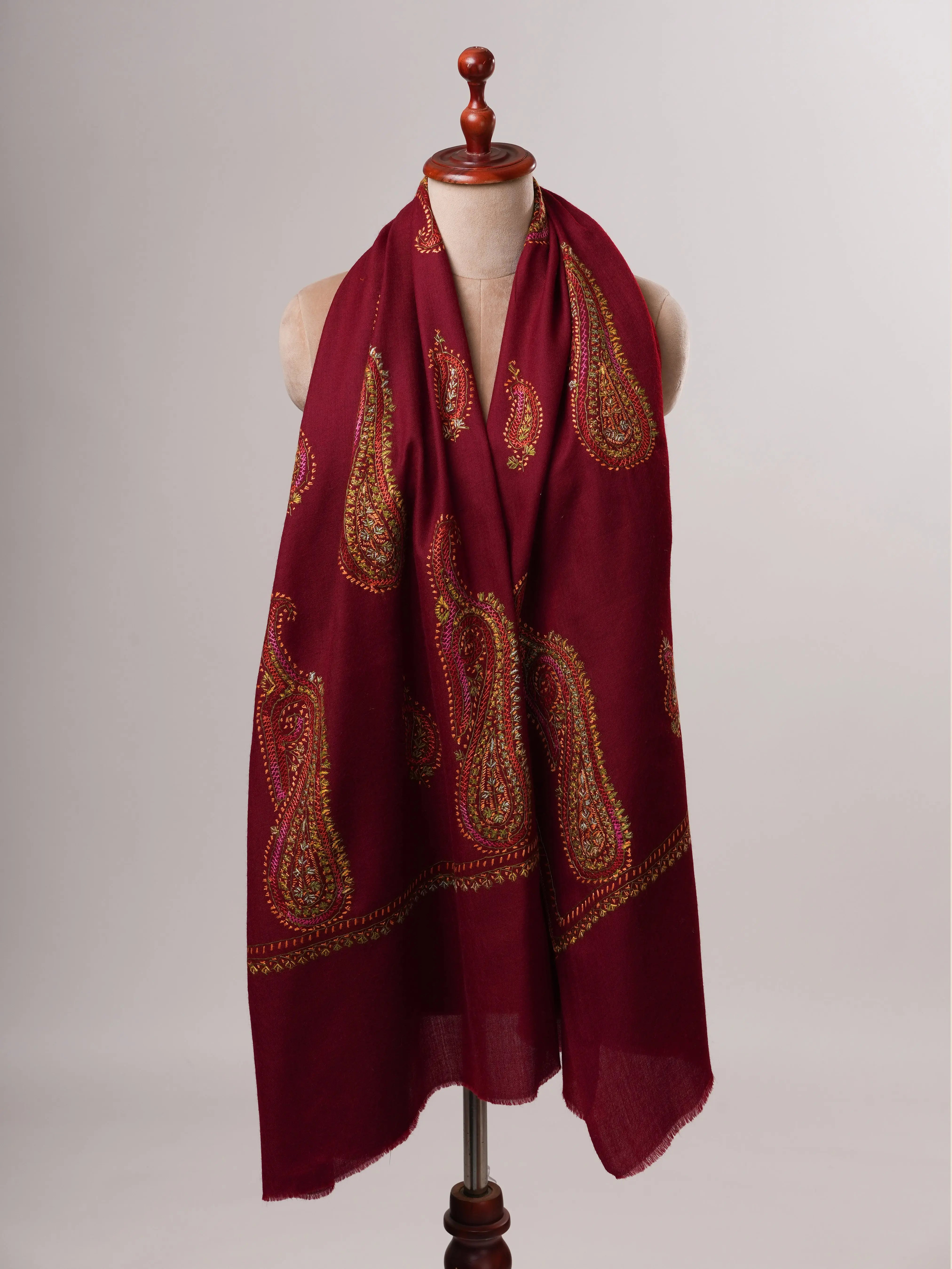 Handcrafted Maroon Fine Wool Shawl with Paisley Embroidery Shahkaar