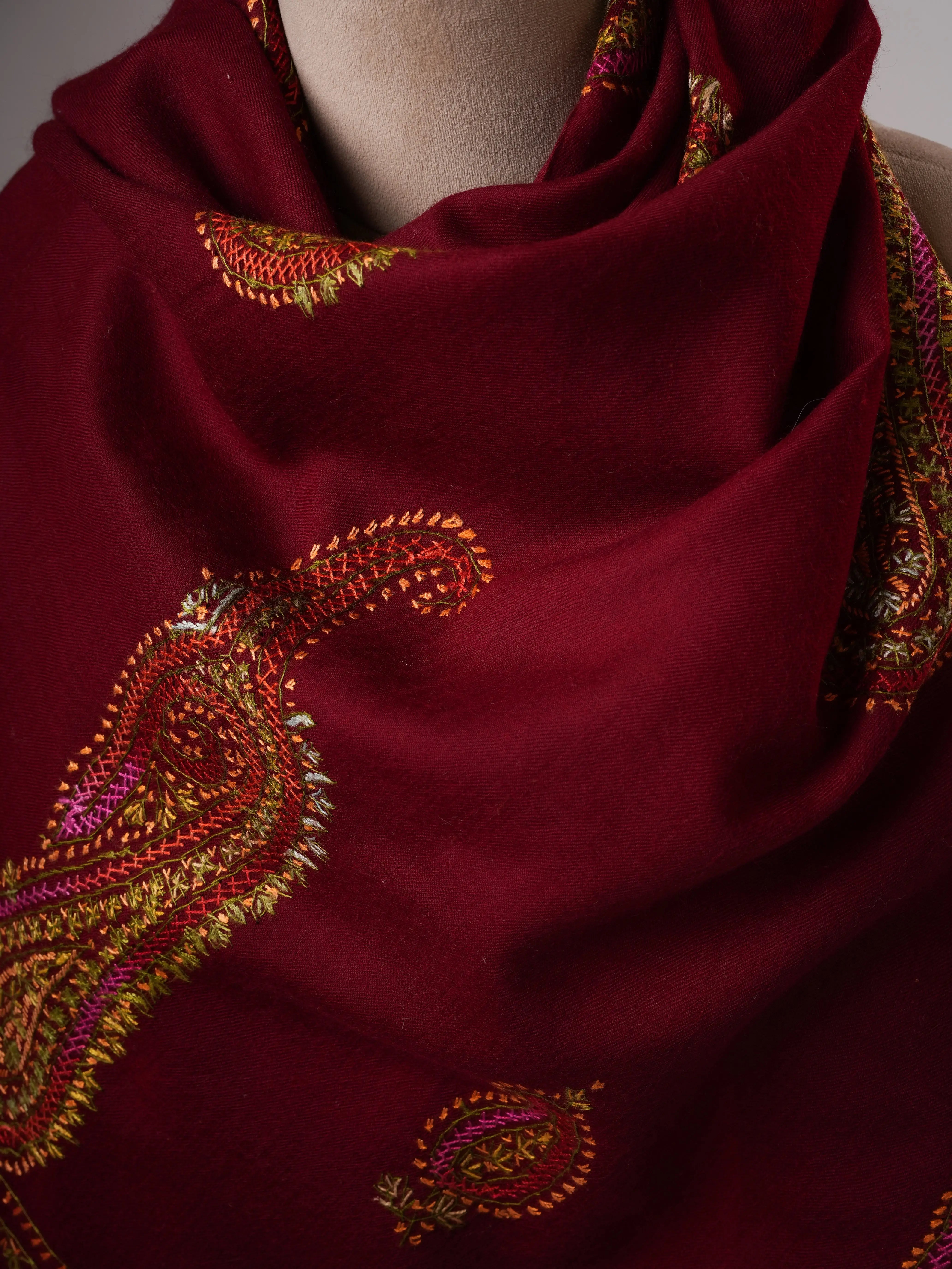 Handcrafted Maroon Fine Wool Shawl with Paisley Embroidery Shahkaar