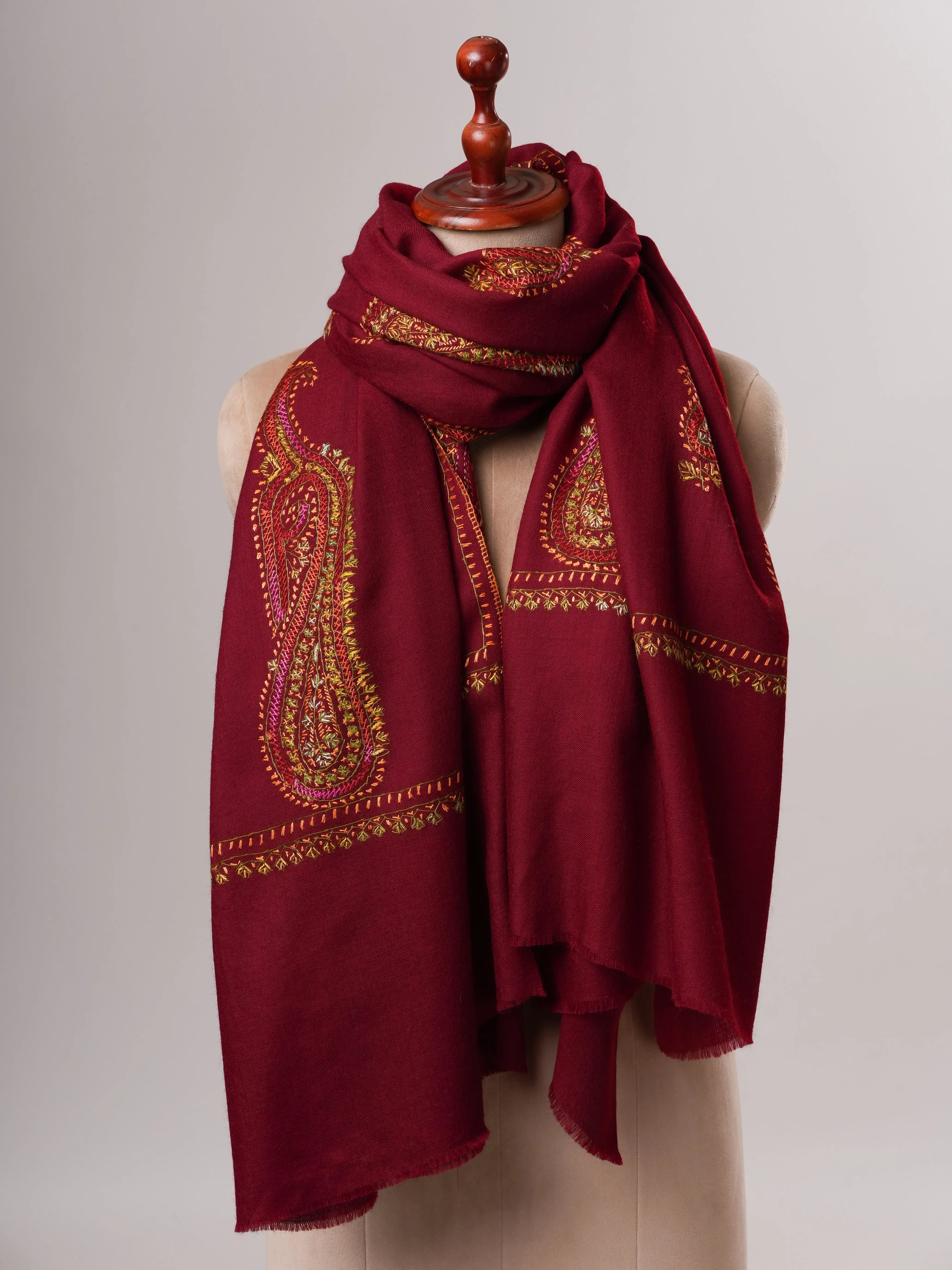 Handcrafted Maroon Fine Wool Shawl with Paisley Embroidery Shahkaar