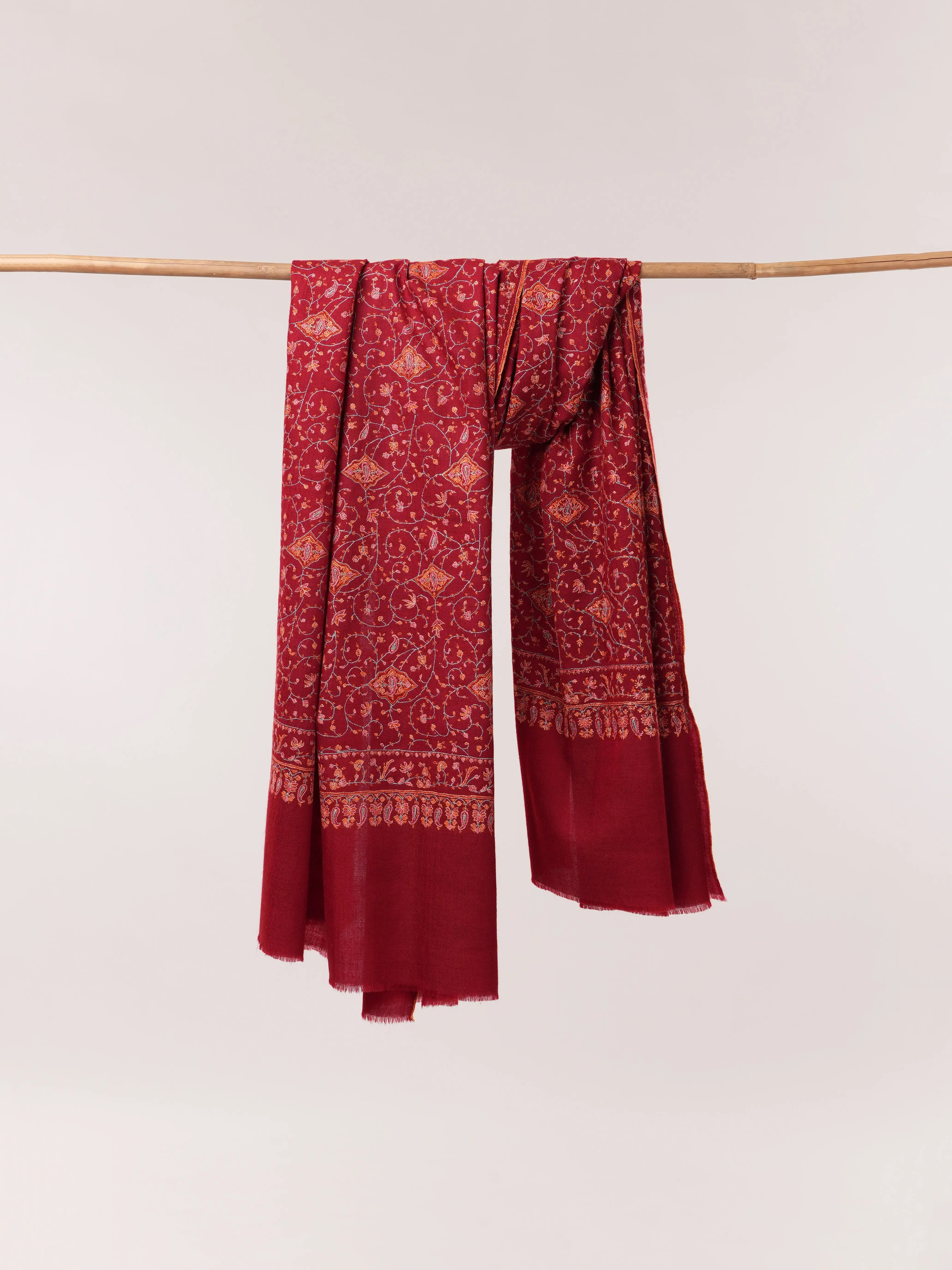 Carmine Red Handwoven Floral Hand Embroidered Kashmiri Pashmina Shawl Shahkaar.com