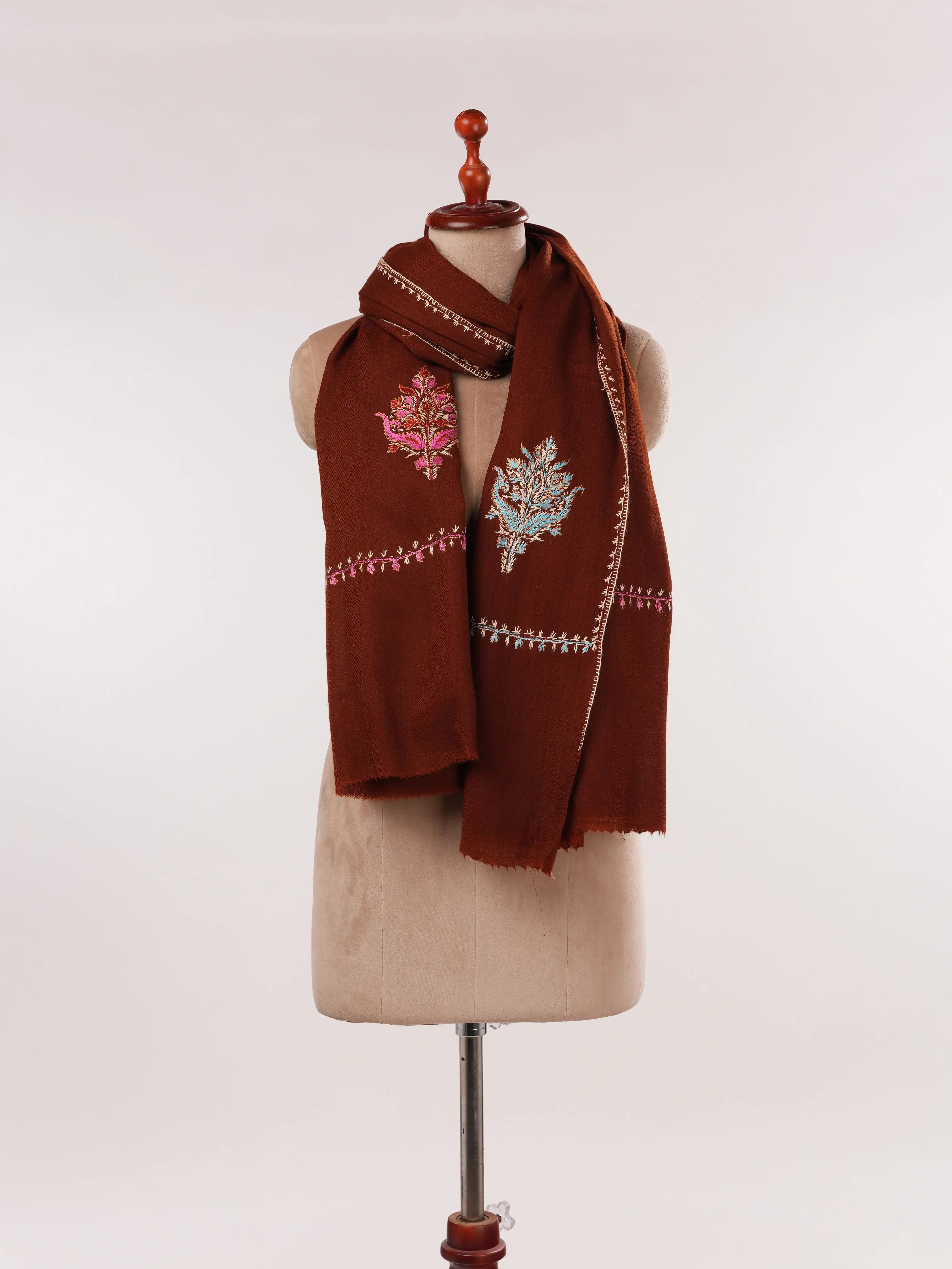 Maroon Fine Wool Kashmiri Shawl with Aksi Buteh Hand Sozni Embroidery Shahkaar.com