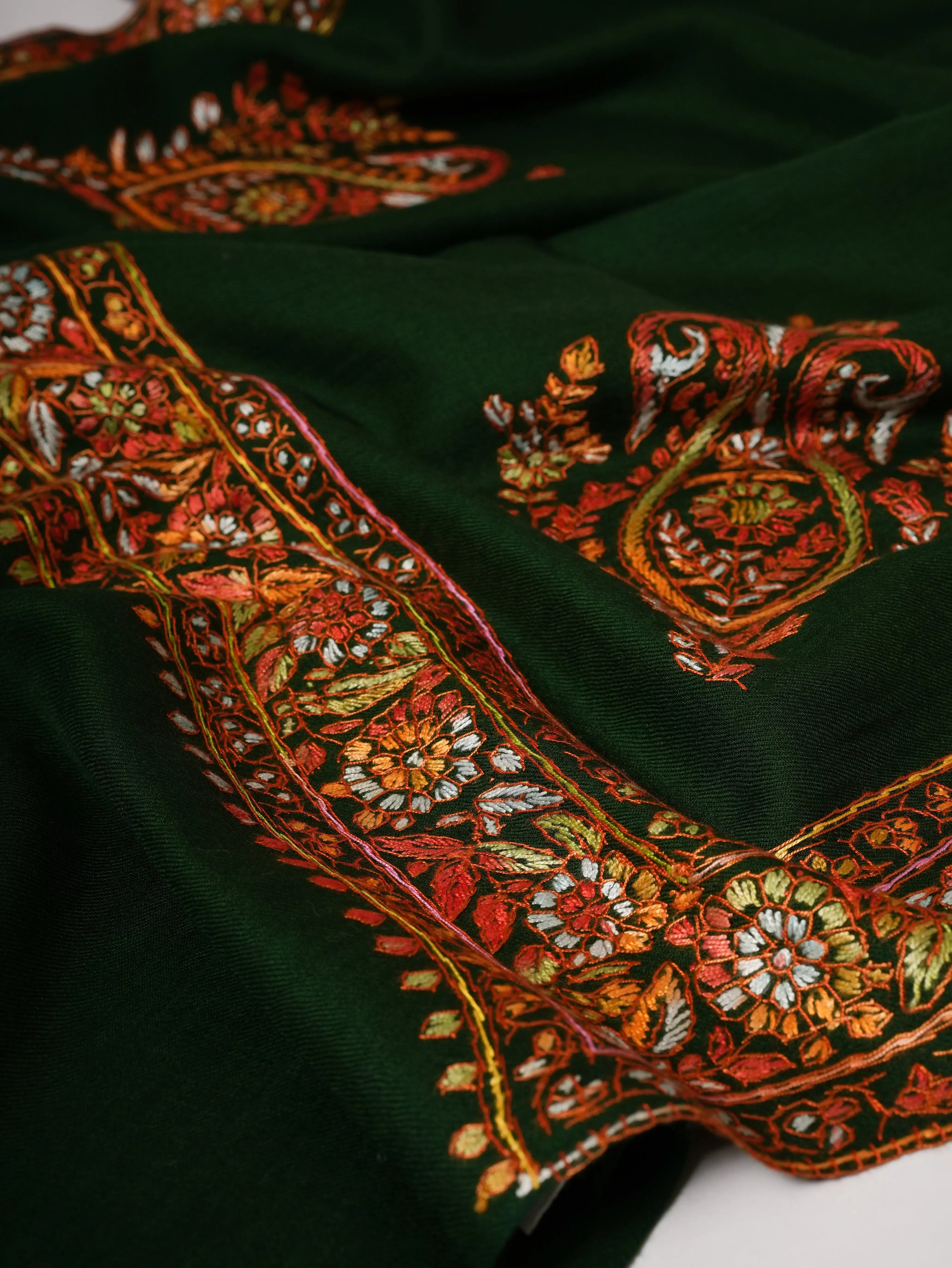 Dark Green Daurdar Hand Embroidered Fine Wool Shawl Shahkaar