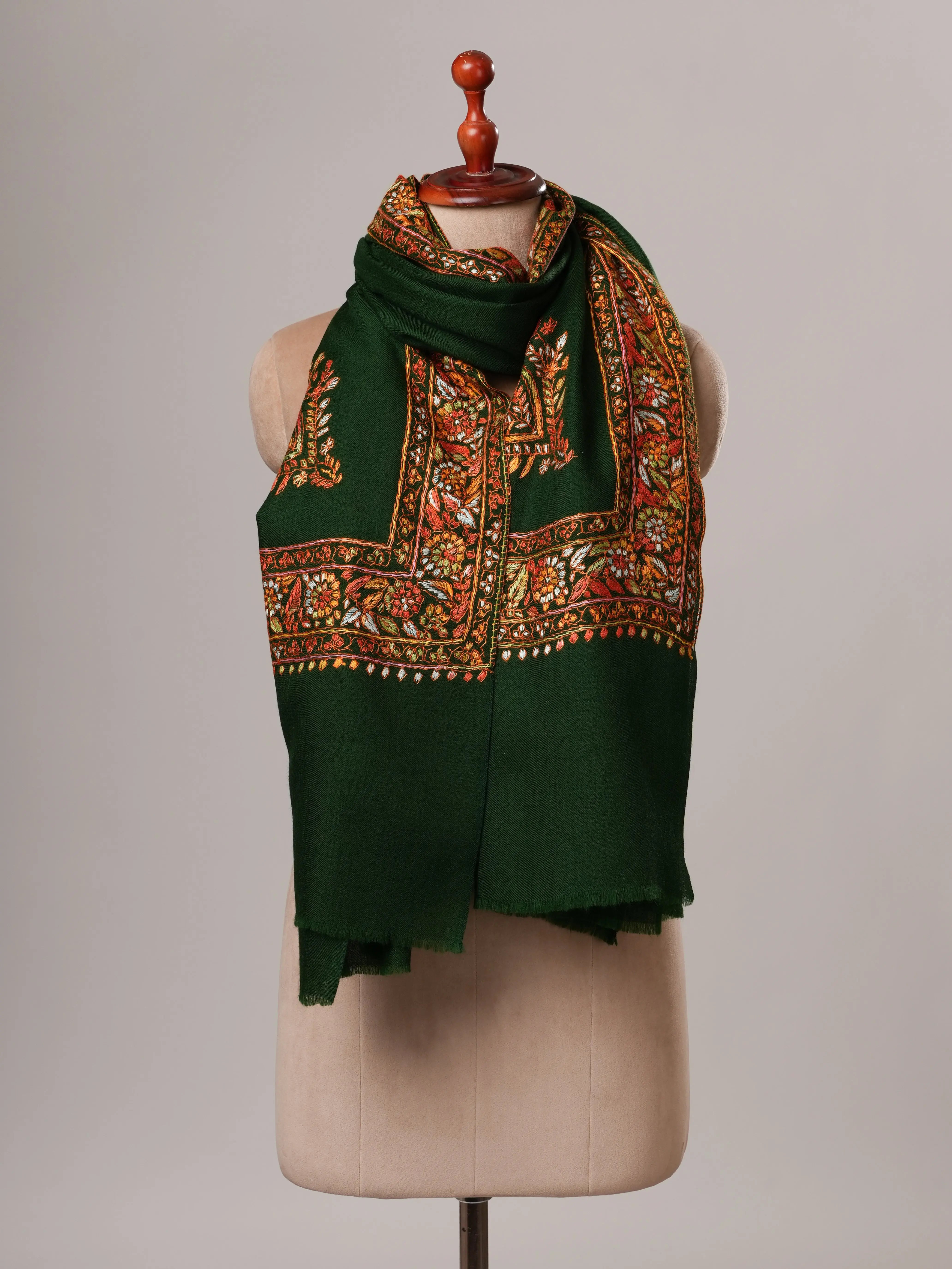 Dark Green Daurdar Hand Embroidered Fine Wool Shawl Shahkaar