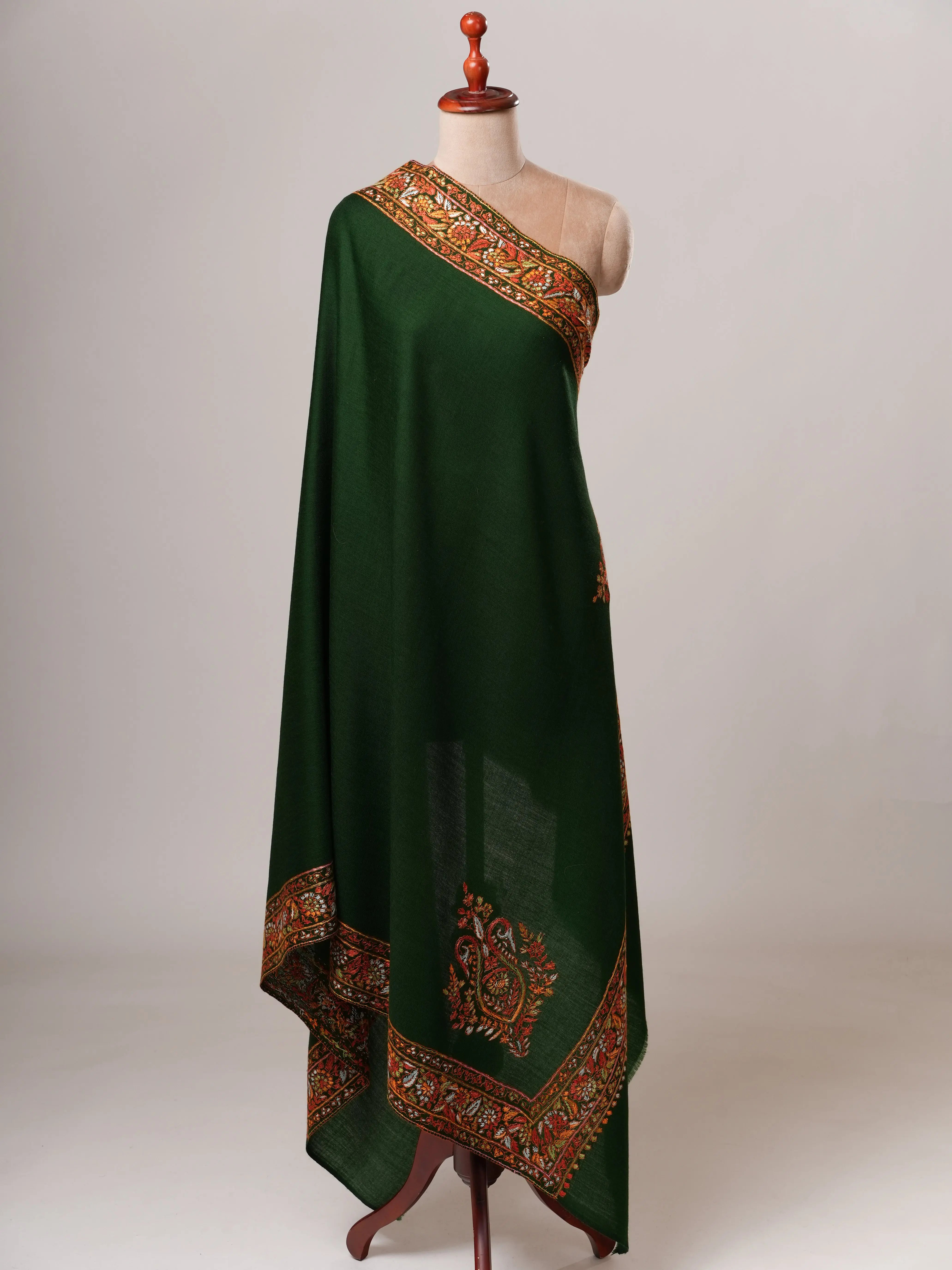 Dark Green Daurdar Hand Embroidered Fine Wool Shawl Shahkaar