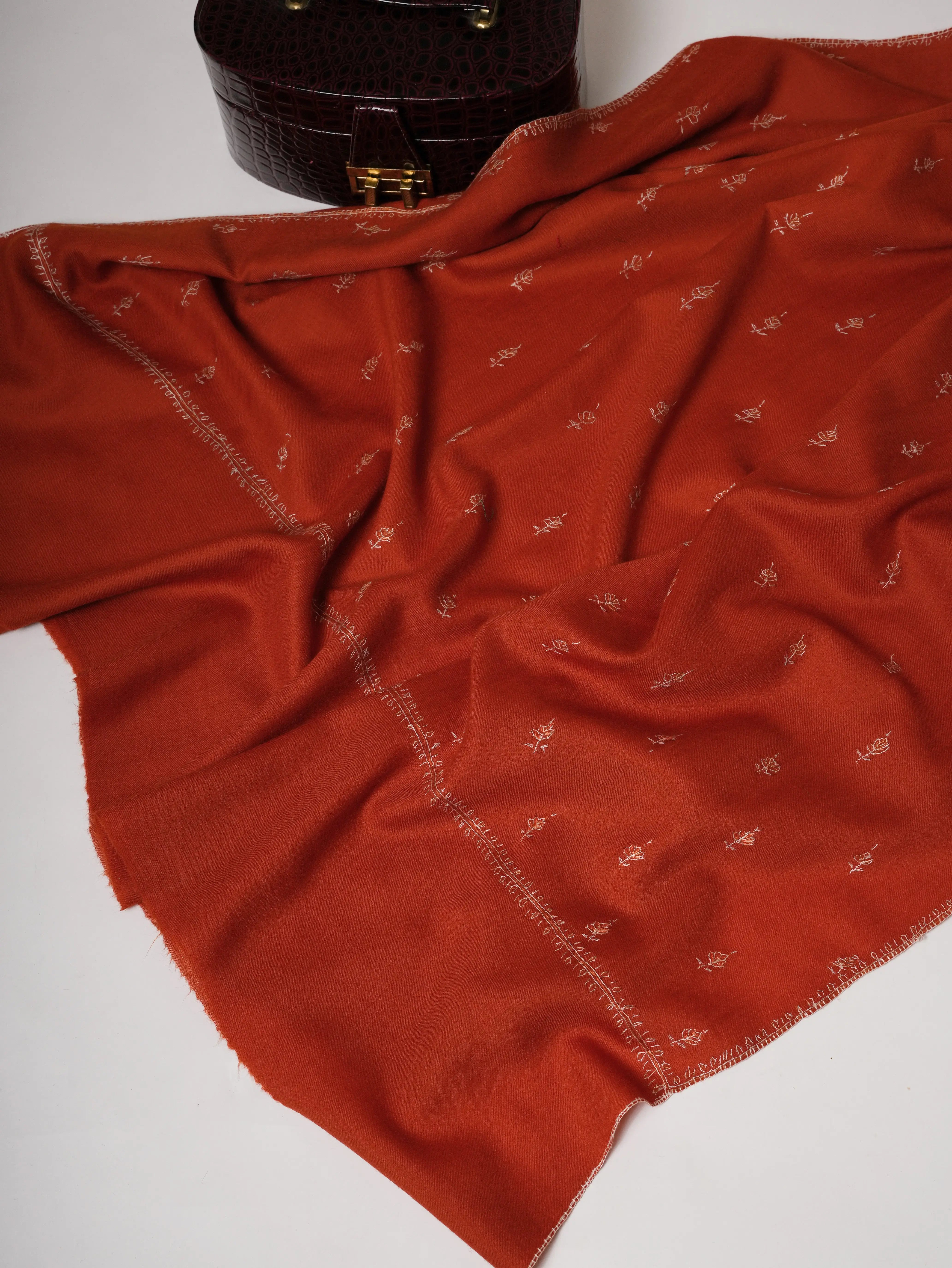 Rust Hand Embroidered Machie Buteh Fine Wool Shawl Shahkaar