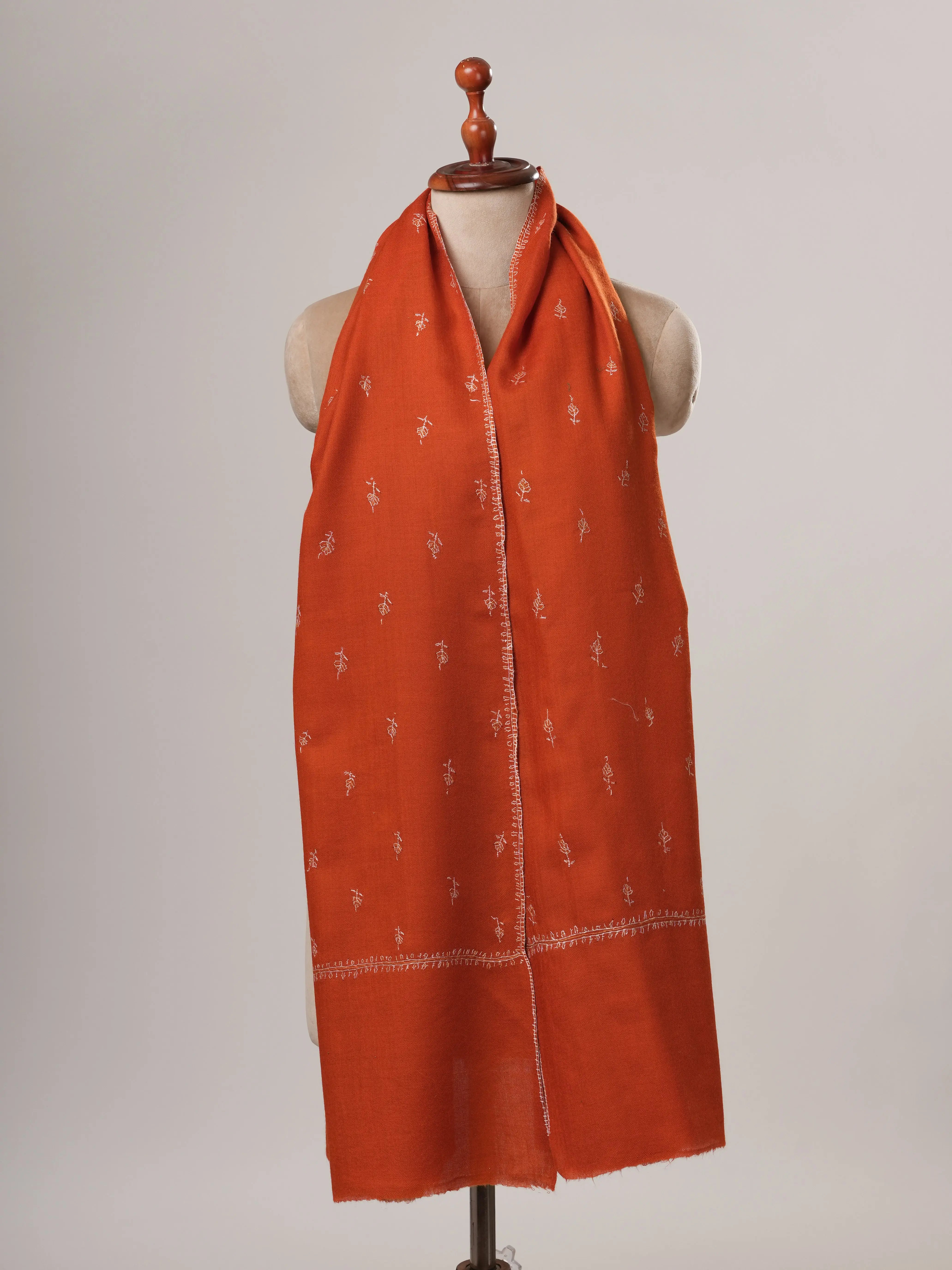 Rust Hand Embroidered Machie Buteh Fine Wool Shawl Shahkaar