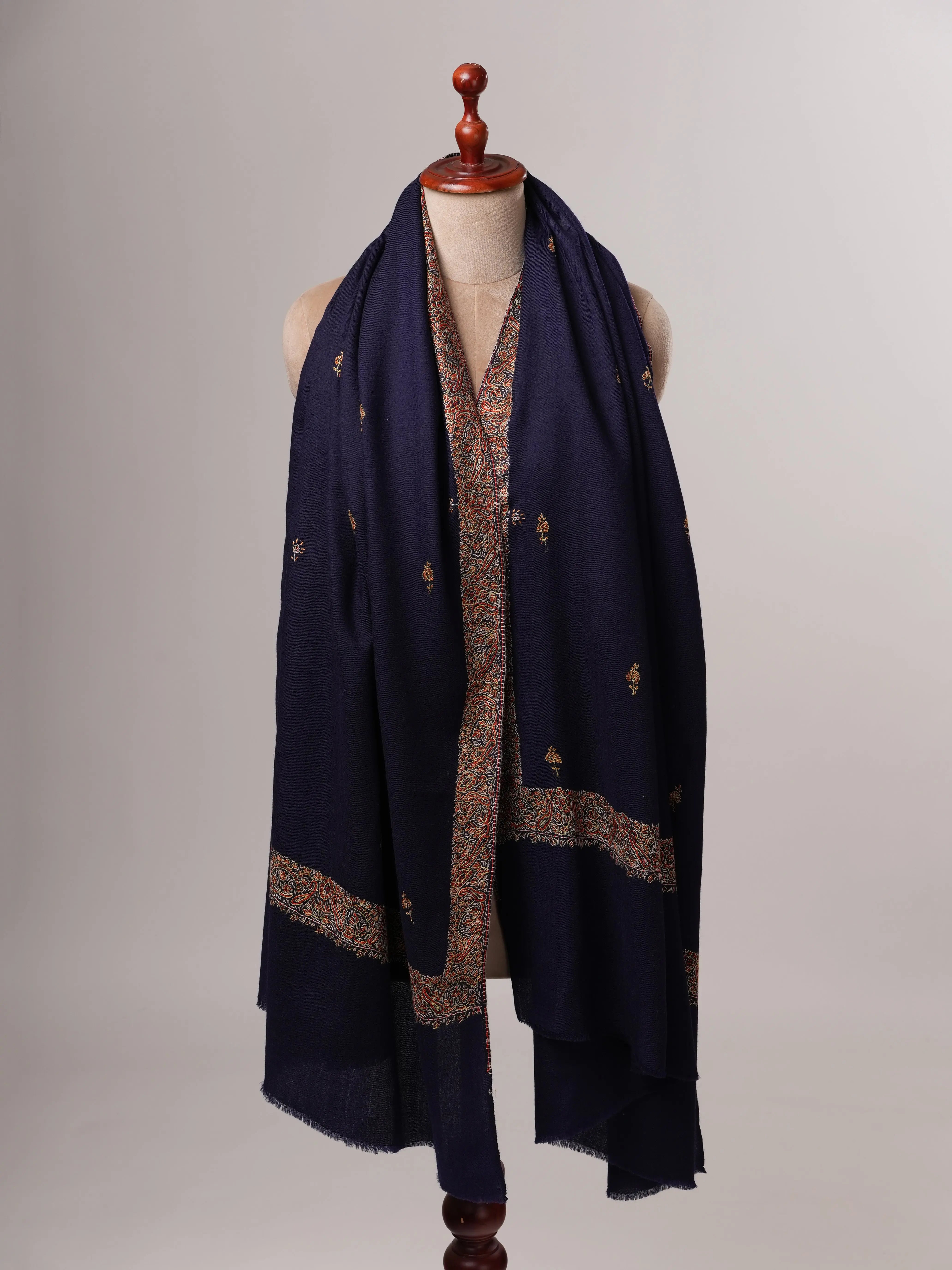 Dark Blue Fine Wool Shawl Featuring Neemdaur Buteh Work Shahkaar
