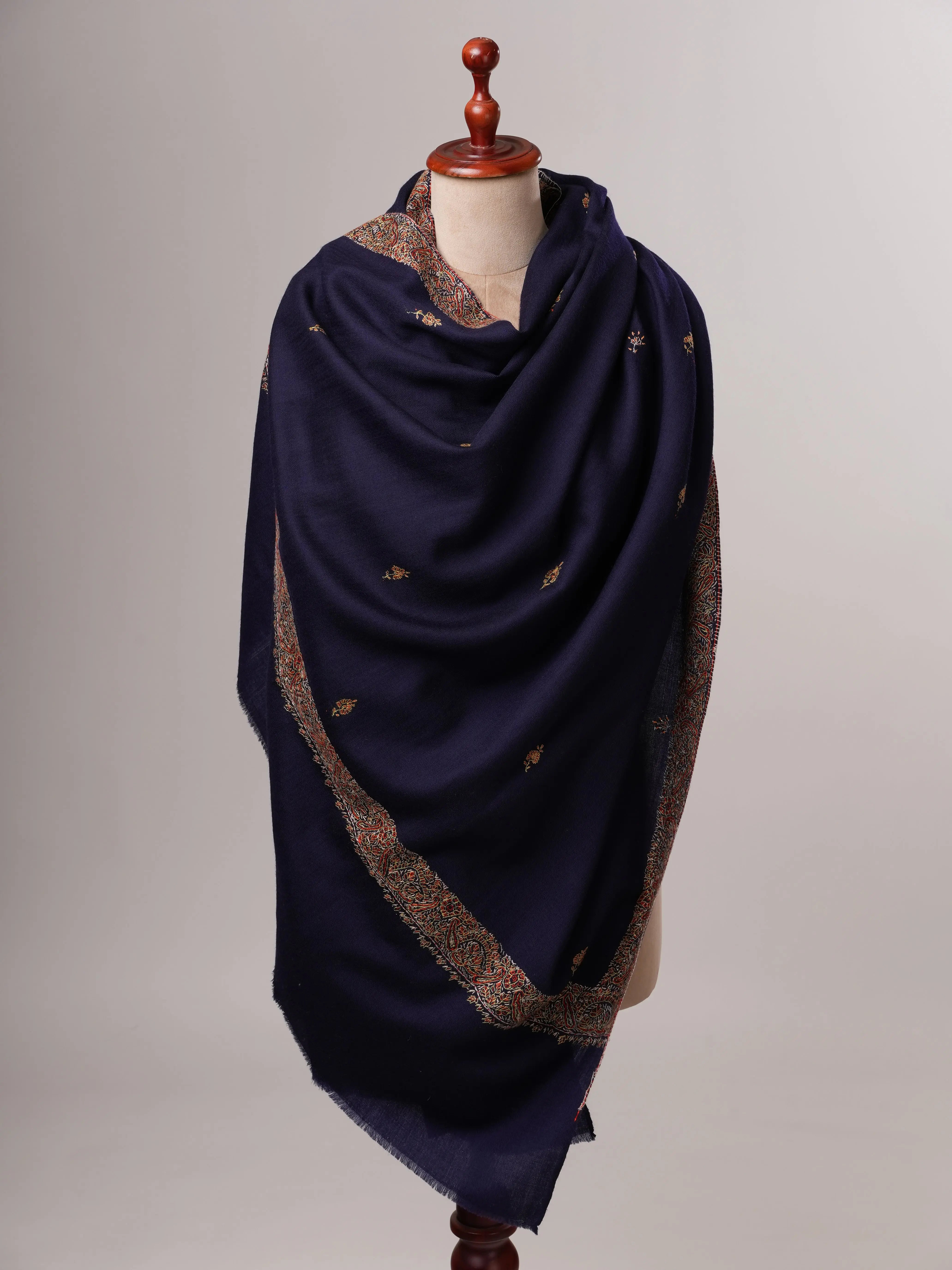 Dark Blue Fine Wool Shawl Featuring Neemdaur Buteh Work Shahkaar