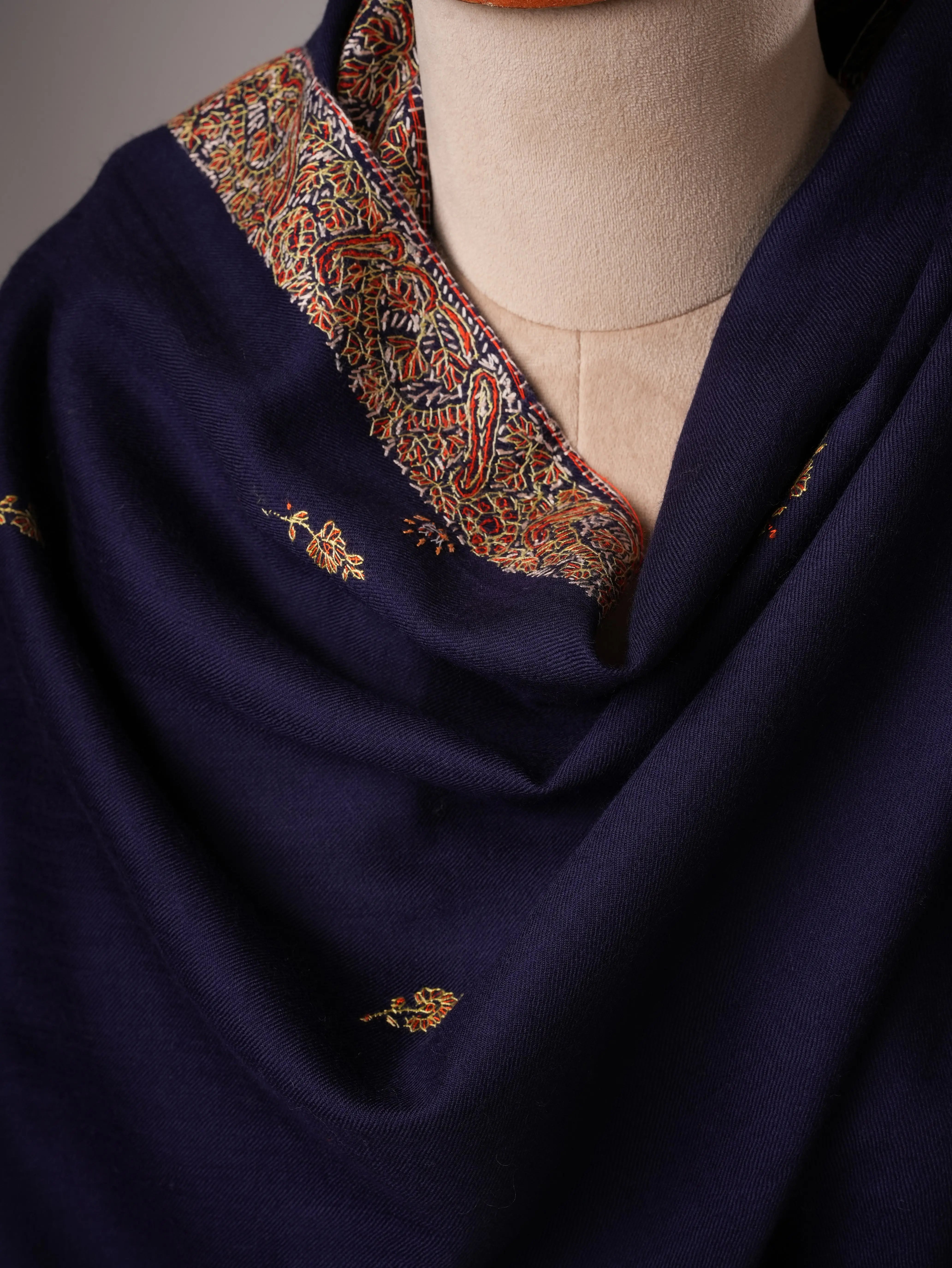 Dark Blue Fine Wool Shawl Featuring Neemdaur Buteh Work Shahkaar