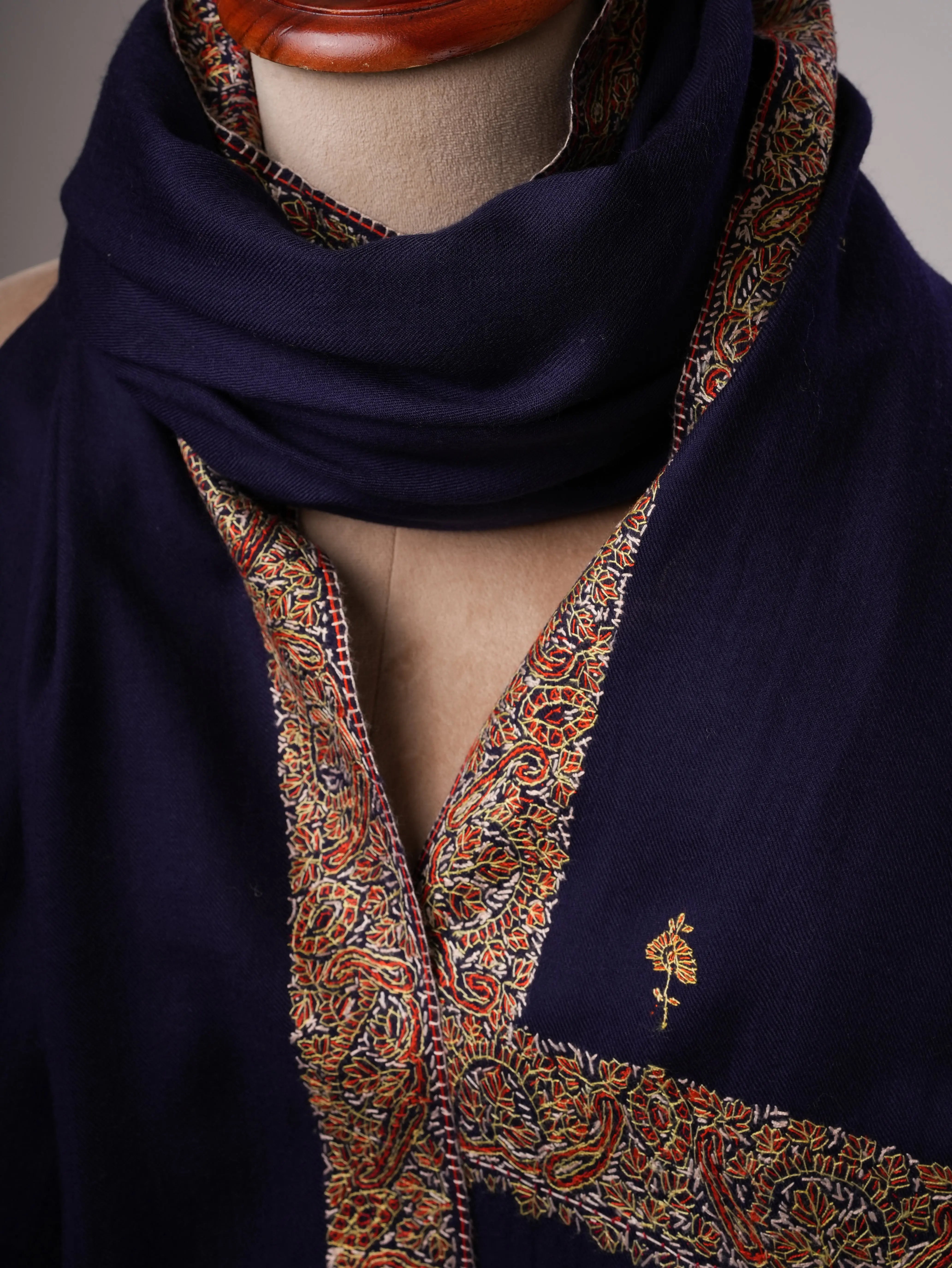Dark Blue Fine Wool Shawl Featuring Neemdaur Buteh Work Shahkaar