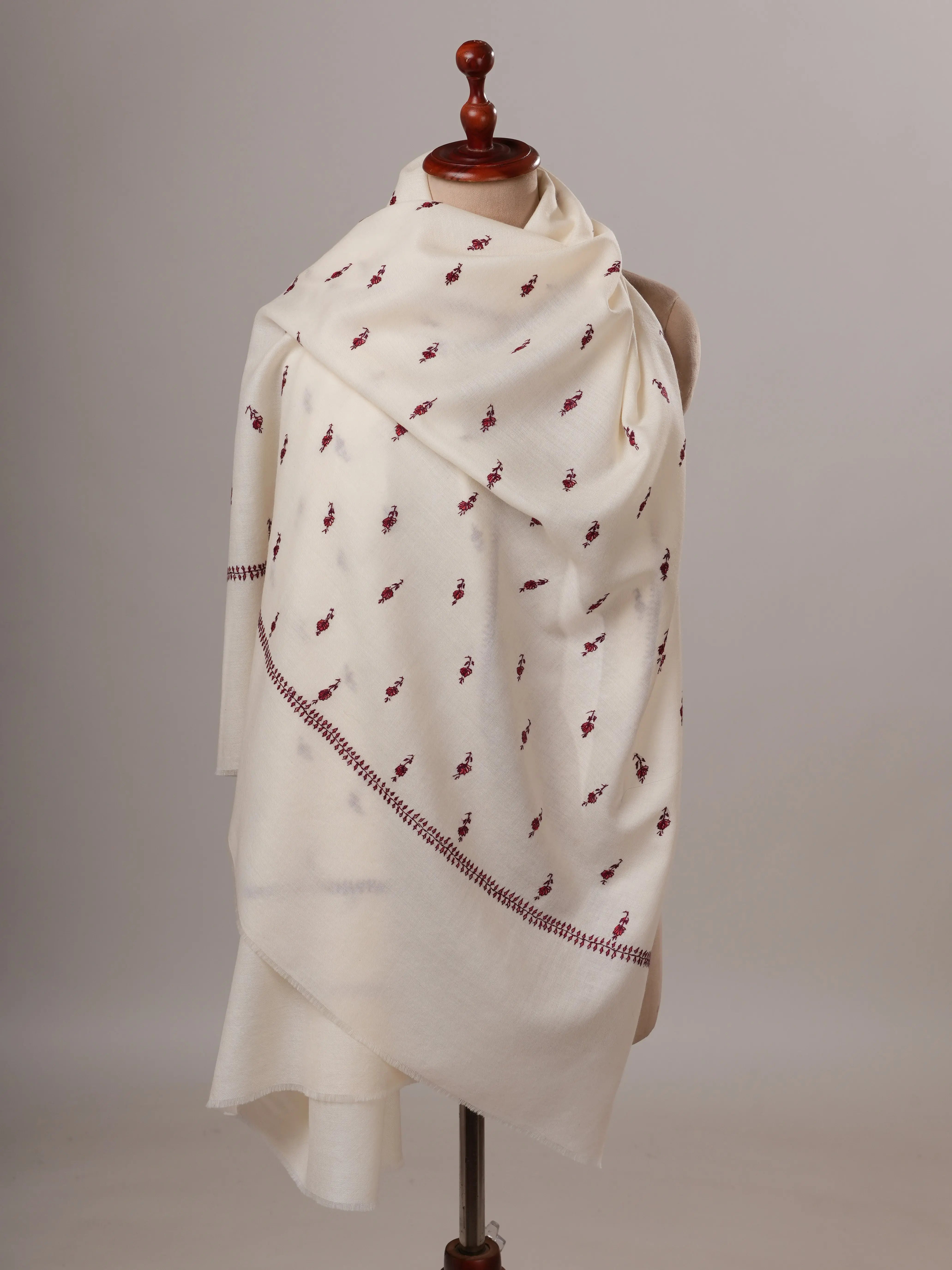White Papier Machie Booti Hand Embroidered Fine Wool Shawl Shahkaar Global