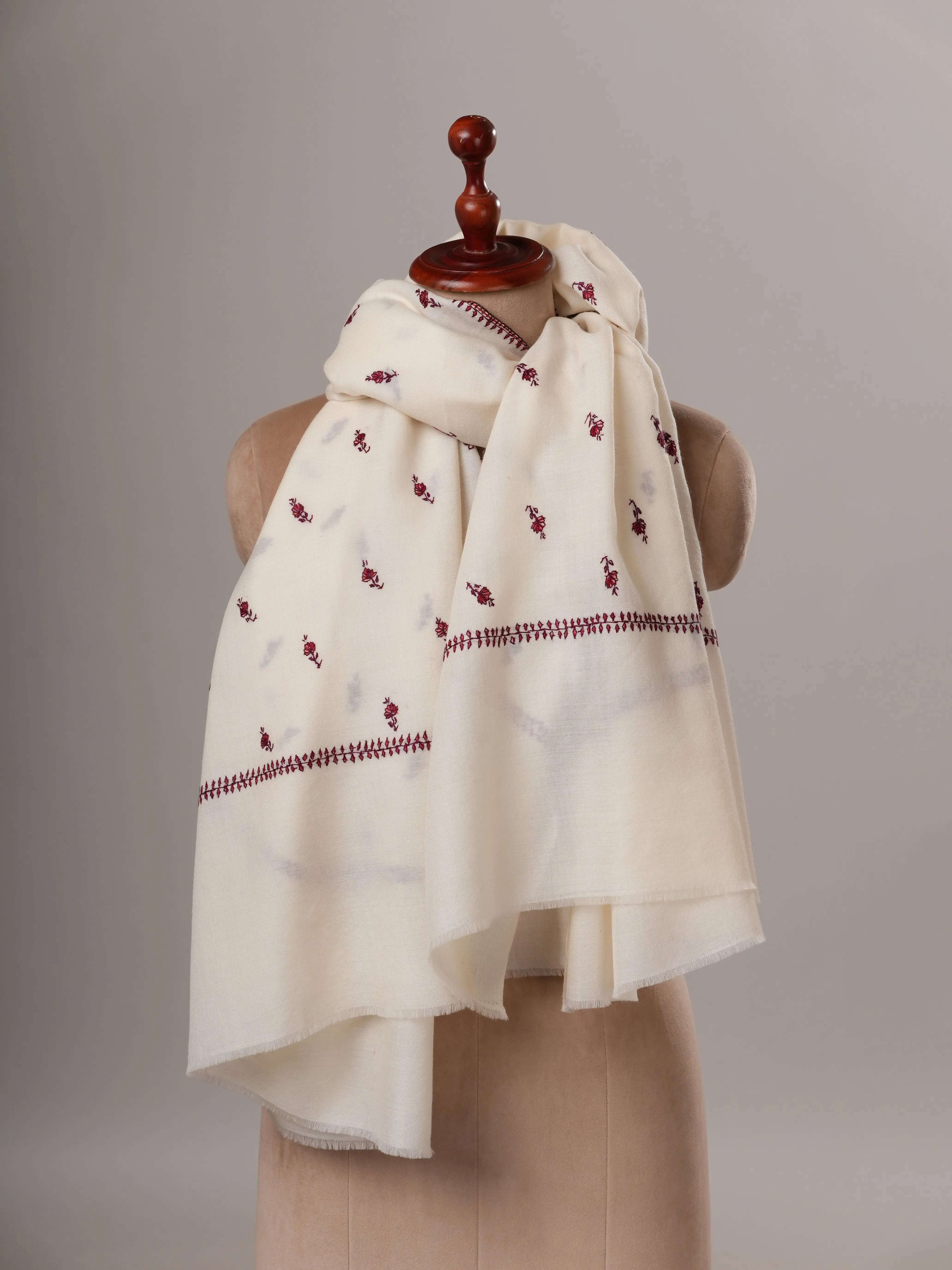 White Papier Machie Booti Hand Embroidered Fine Wool Shawl Shahkaar Global