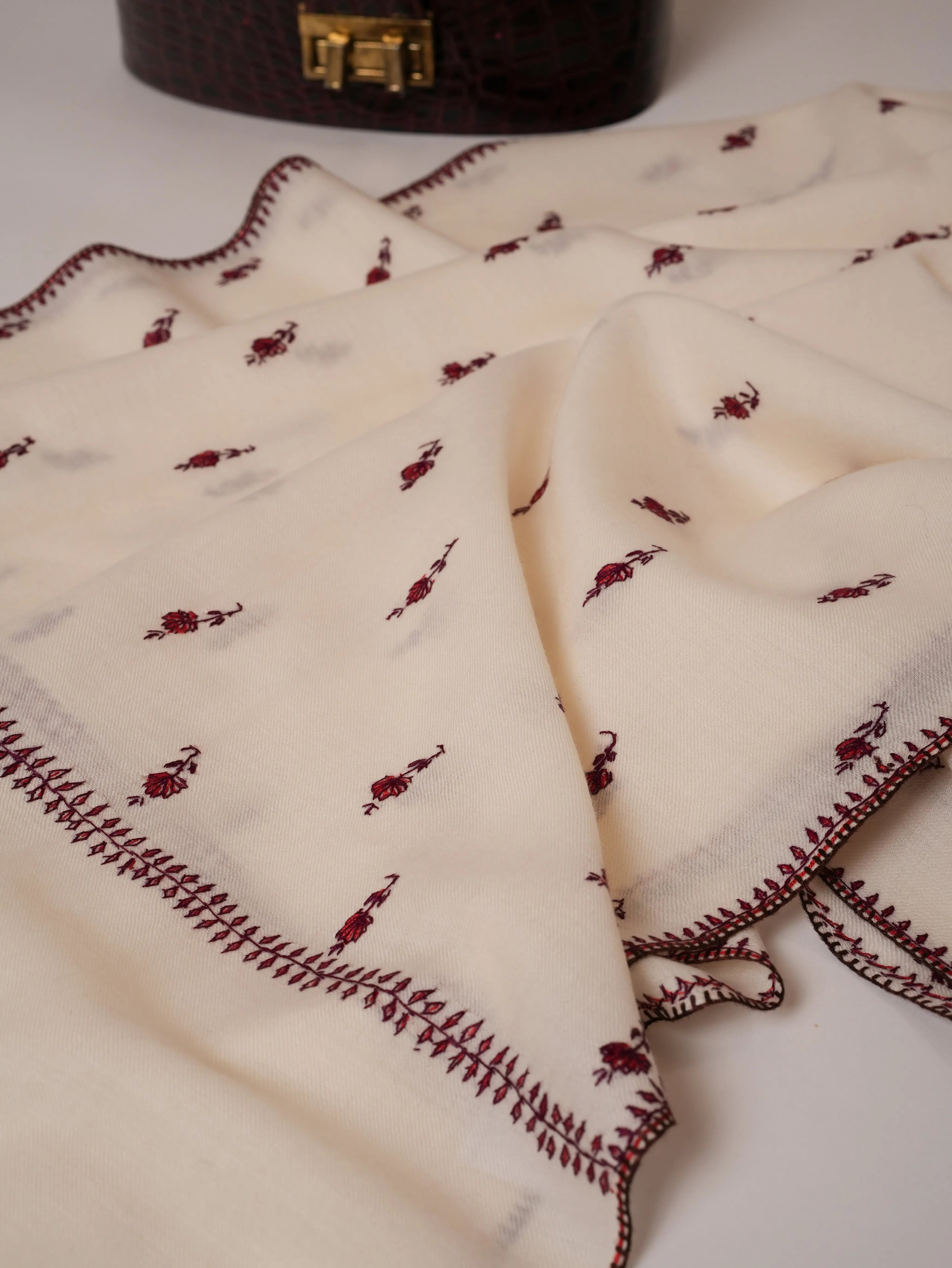 White Papier Machie Booti Hand Embroidered Fine Wool Shawl Shahkaar Global