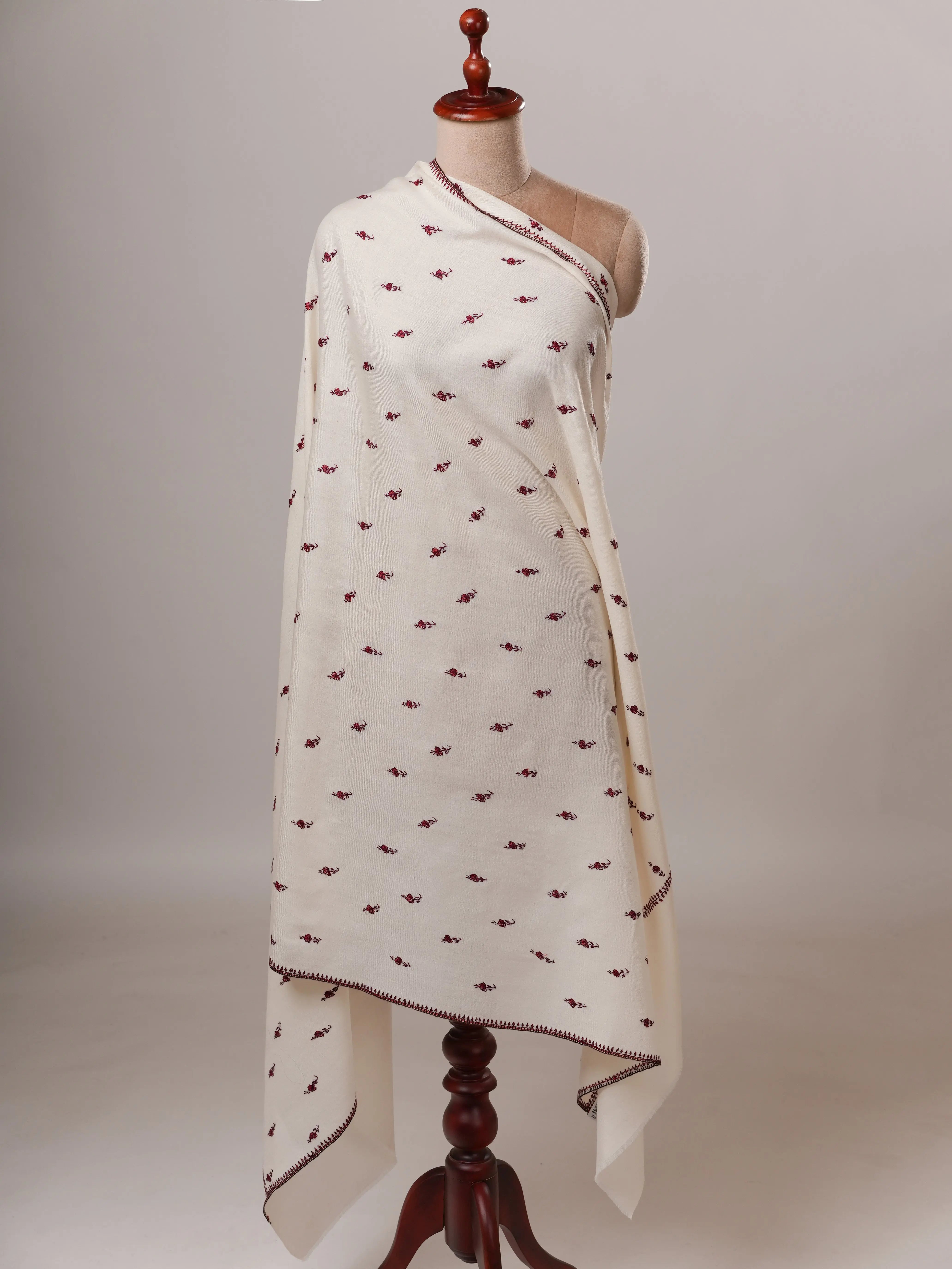 White Papier Machie Booti Hand Embroidered Fine Wool Shawl Shahkaar Global