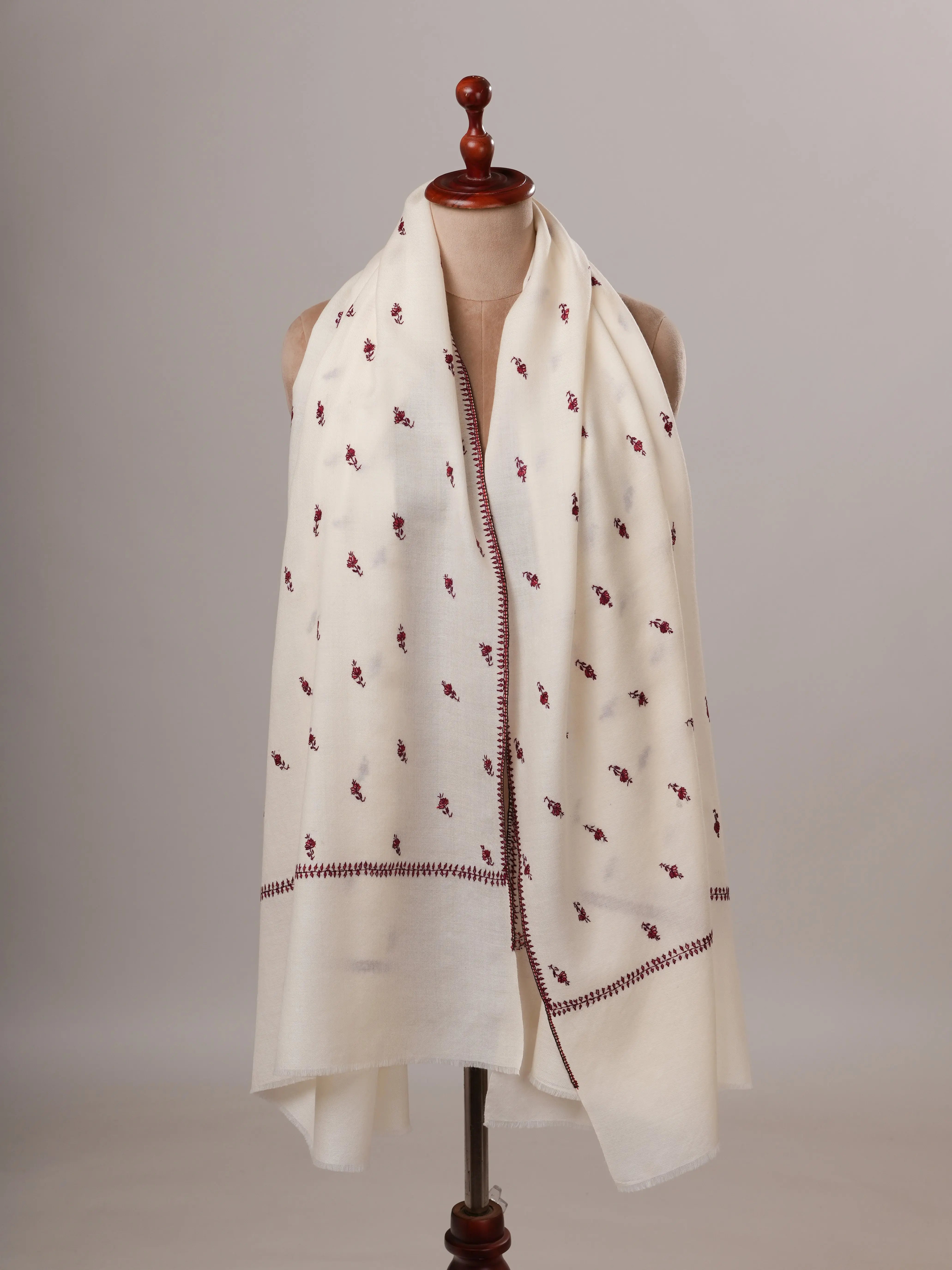 White Papier Machie Booti Hand Embroidered Fine Wool Shawl Shahkaar Global