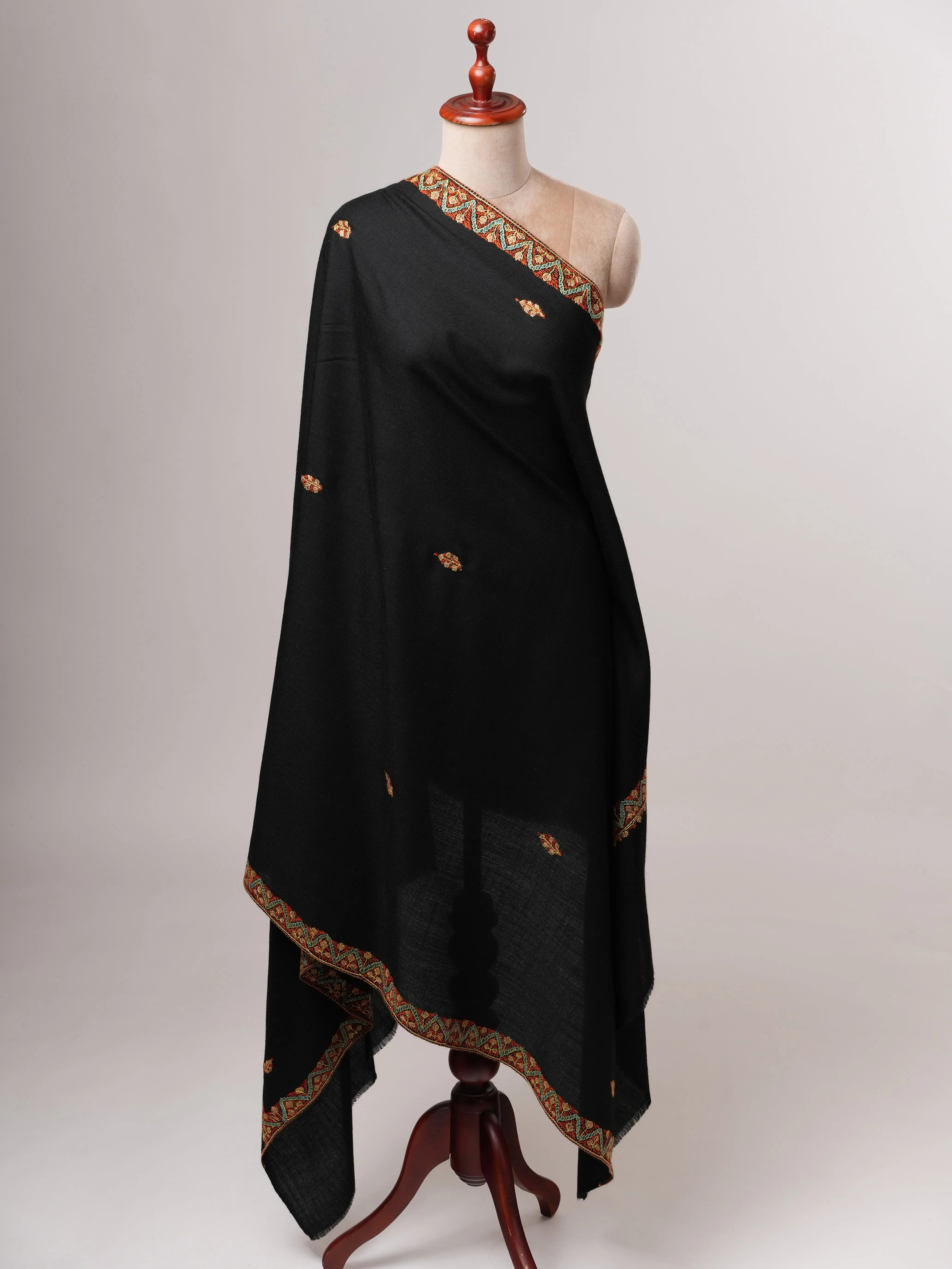 Hand Embroidered Black Fine Wool Shawl with Neemdaur Motifs Shahkaar