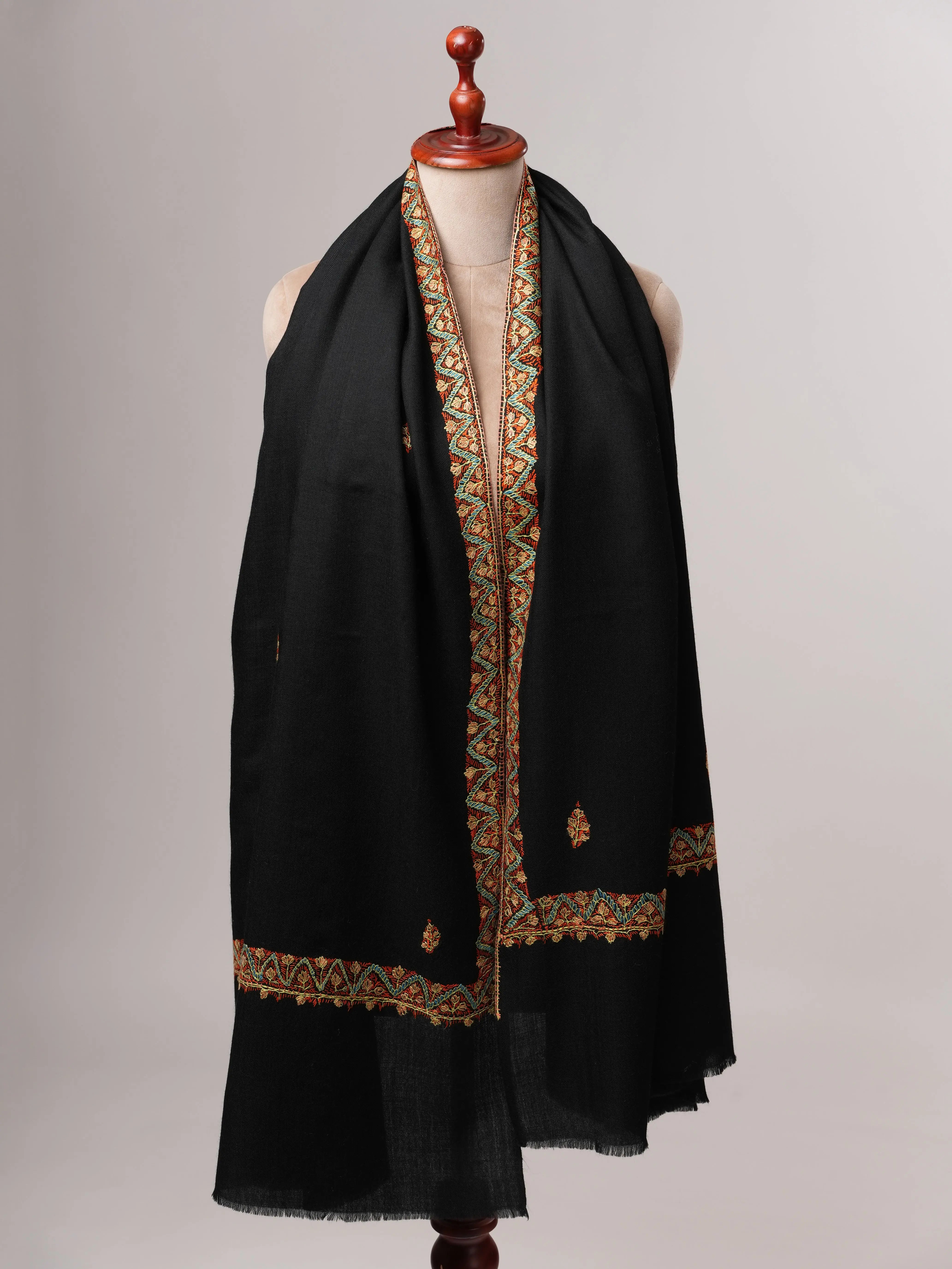 Hand Embroidered Black Fine Wool Shawl with Neemdaur Motifs Shahkaar