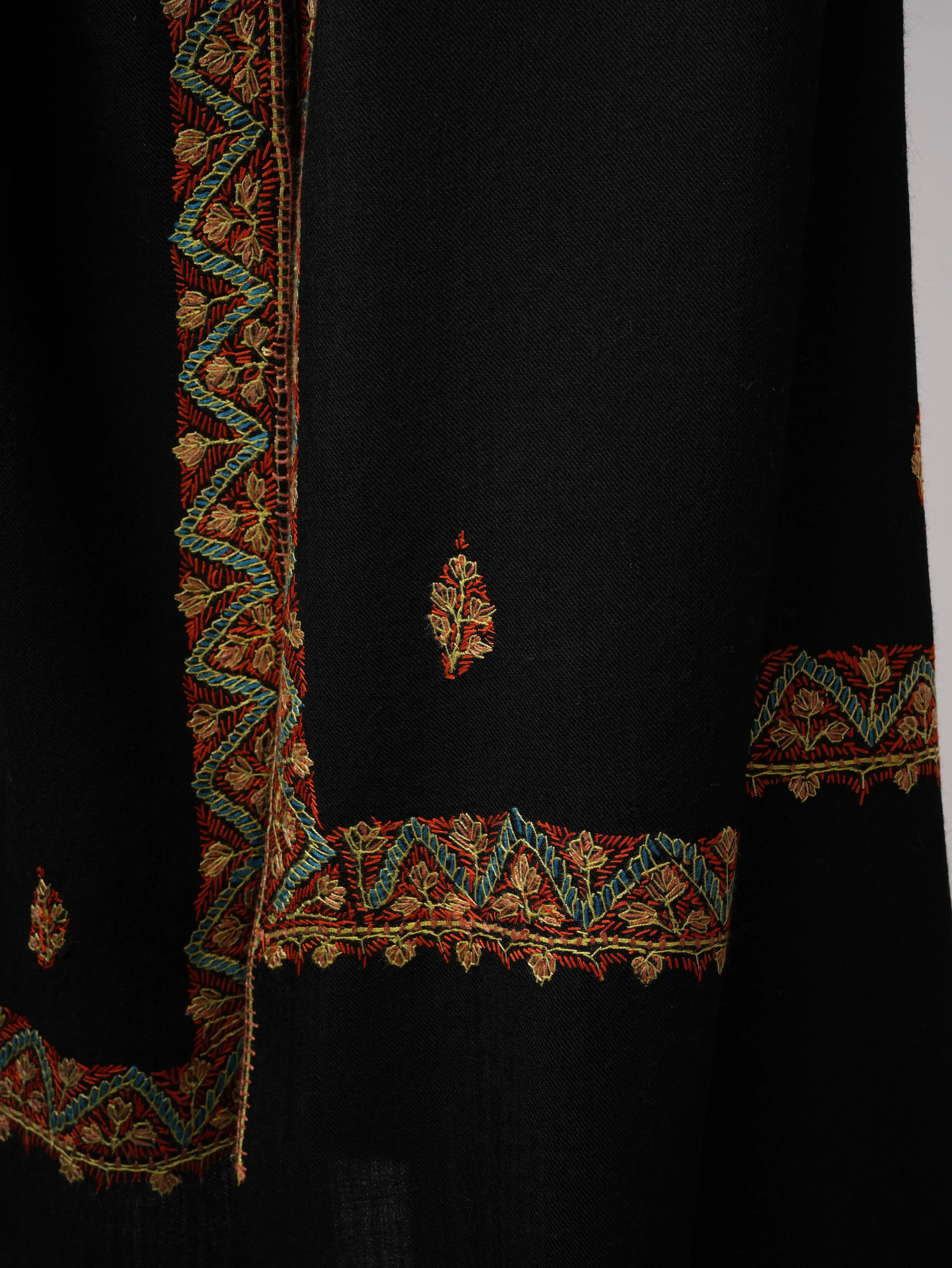 Hand Embroidered Black Fine Wool Shawl with Neemdaur Motifs Shahkaar