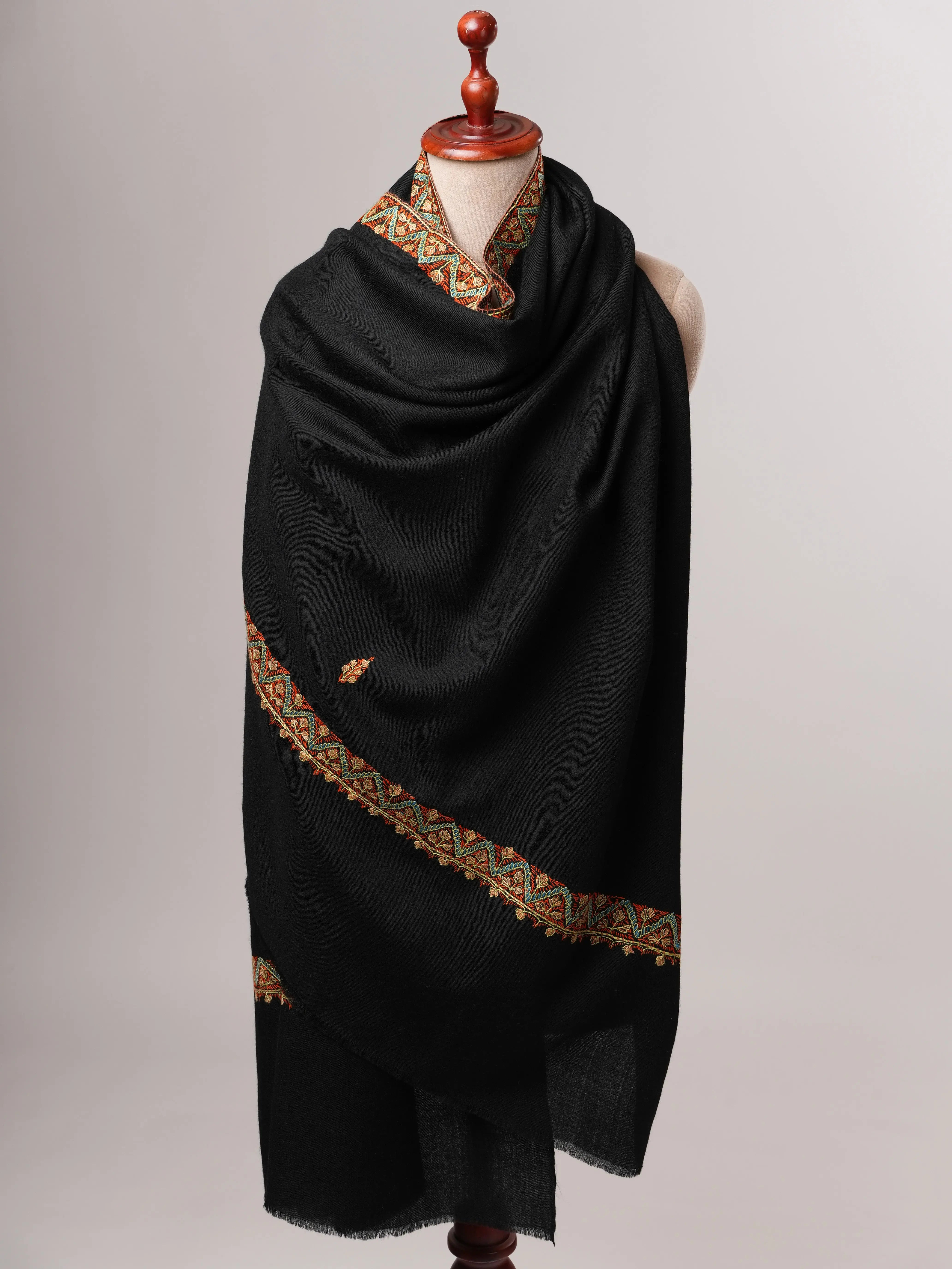 Hand Embroidered Black Fine Wool Shawl with Neemdaur Motifs Shahkaar