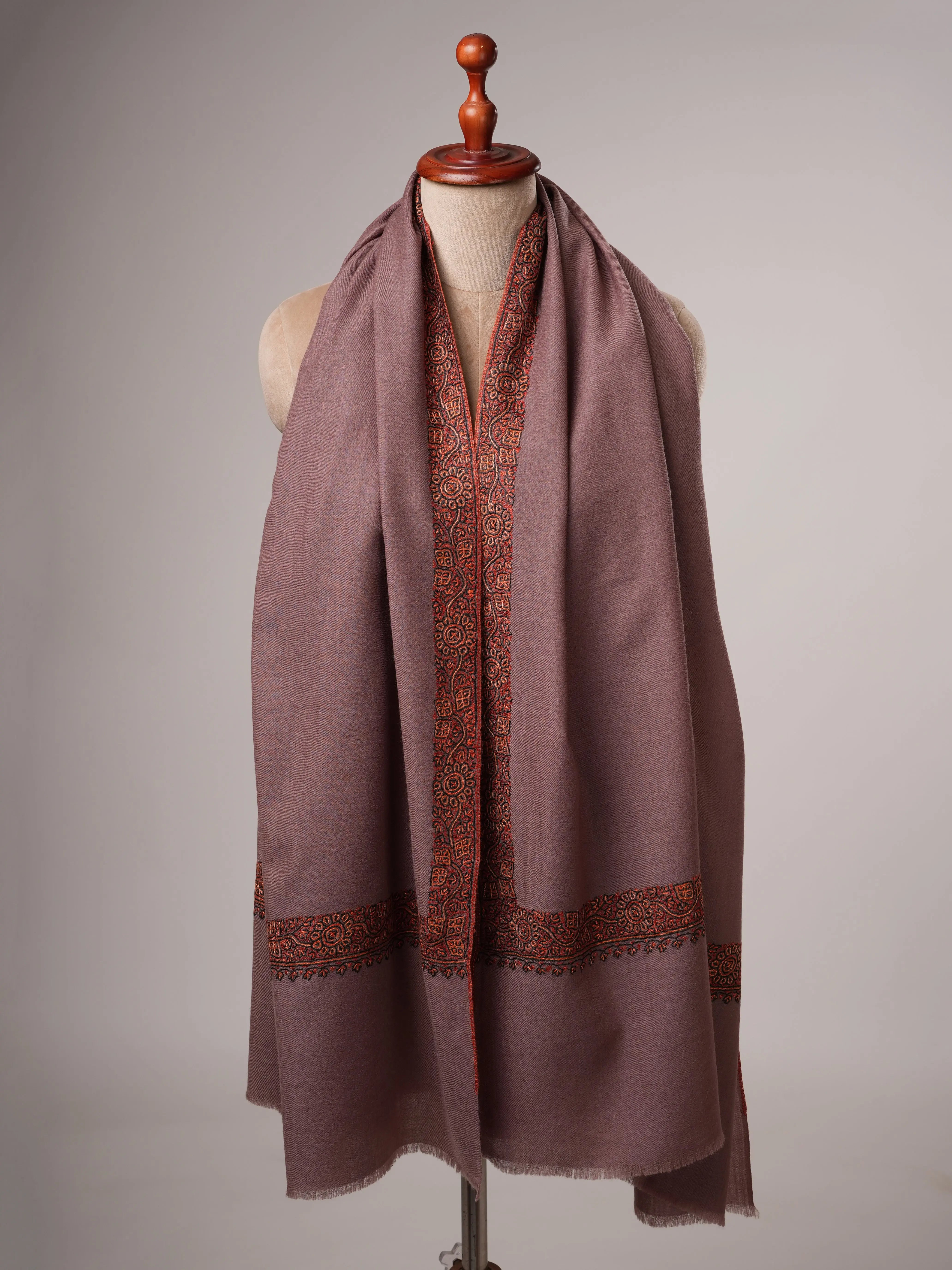 Fine Wool Shawl in Mauve with Hand Embroidered Neemdaur Motifs Shahkaar